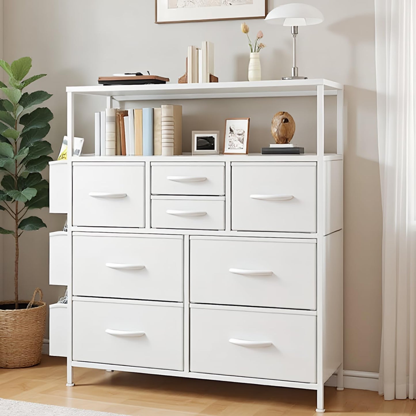 Feonase Chest of Drawers Bedroom, 8 Drawer Fabric Dresser with Wood Top, Open Storage Shelf, 3 Side Pockets & Metal Frame