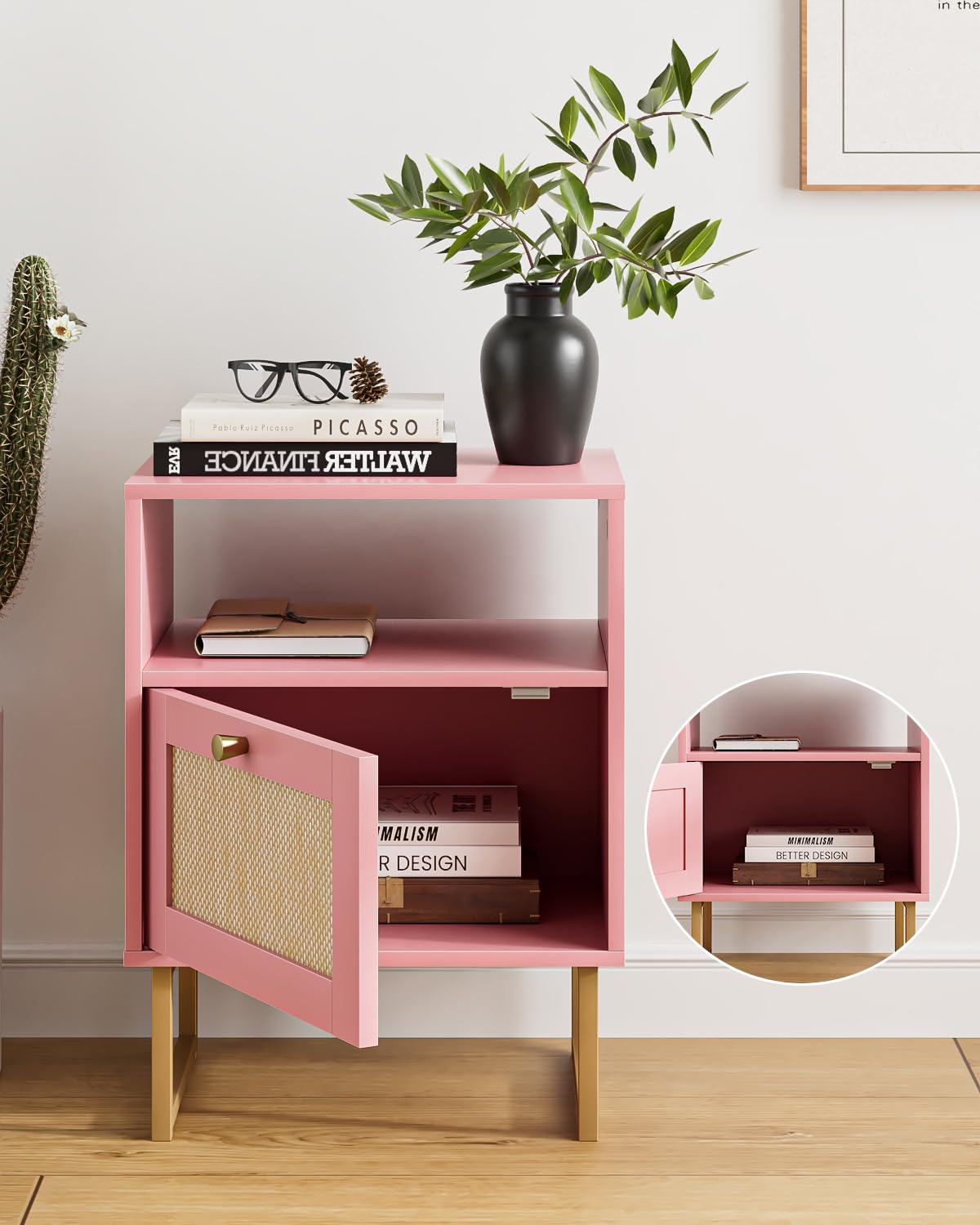 HEYZOEY Rattan Bedside Table,Modern Boho Farmhouse Wood Nightstand with Storage Drawer and Open Shelf,Small Gold Frame Side Table for Bedroom,Living