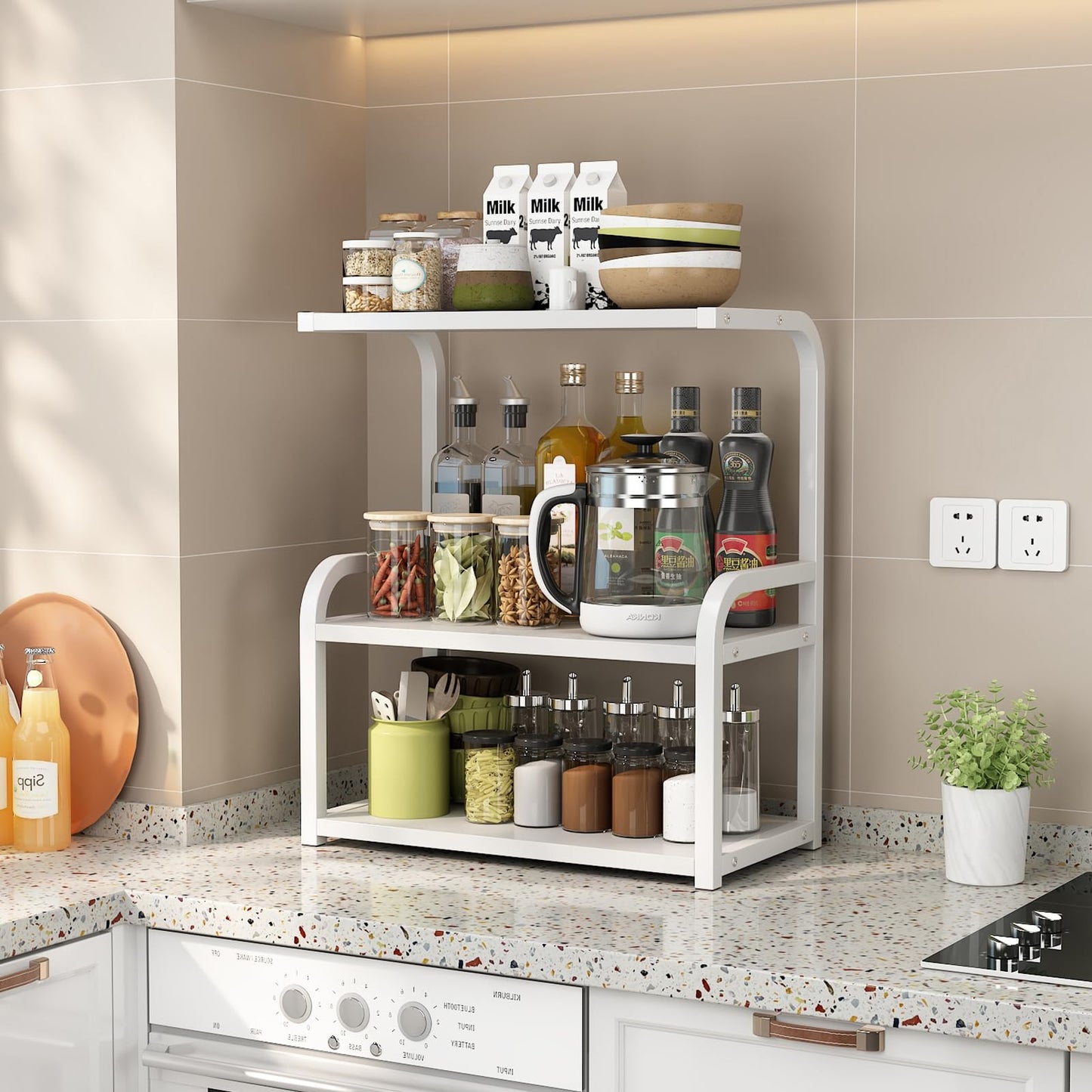 Numjeg 3-Tier Bookcase Desktop Wood White Metal Rack Bookshelf Supplies Bedroom Shelf Organizer Shelf for Top of Desk and Dresser Dining Room Furnitu
