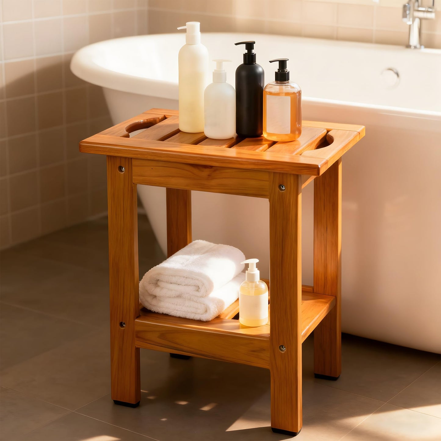 VaeFae Teak Small Shower Bench, 2-Tier Stool with Shelf & Non-Slip Feets