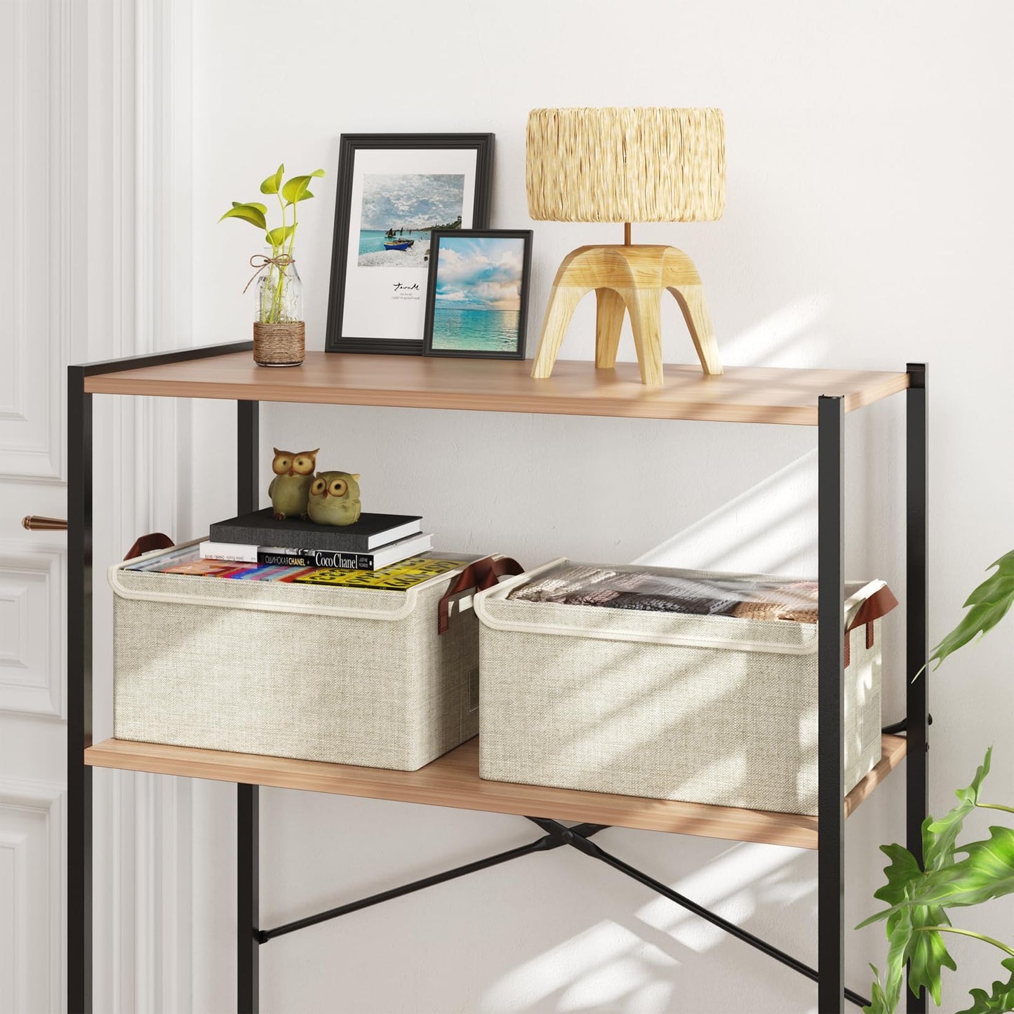 AARAINBOW Closet Clothes Storage Boxes 4 Pc, Fabric Stackable Shelf Organizer Bins, Foldable Closet Shelf Storage Container with Lid & Metal Frame
