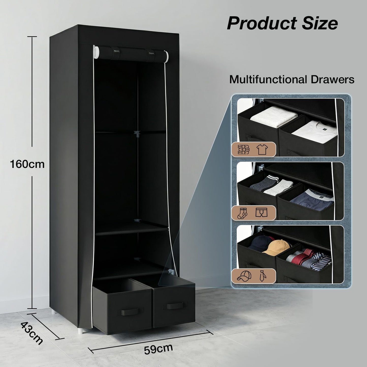 Single Canvas Wardrobe with 2 Drawers and Hanging Rail 160 x 59 x 43CM