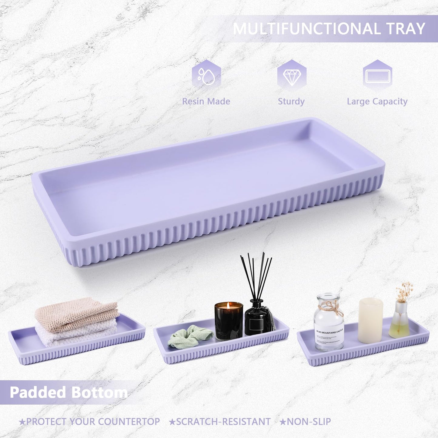 XLHOMO Resin Light Purple Bathroom Accessories Set 5 Pcs, Lotion Soap Dispenser, Toothbrush Holder, Bathroom Tumbler, Qtip Holder and Vanity Tray