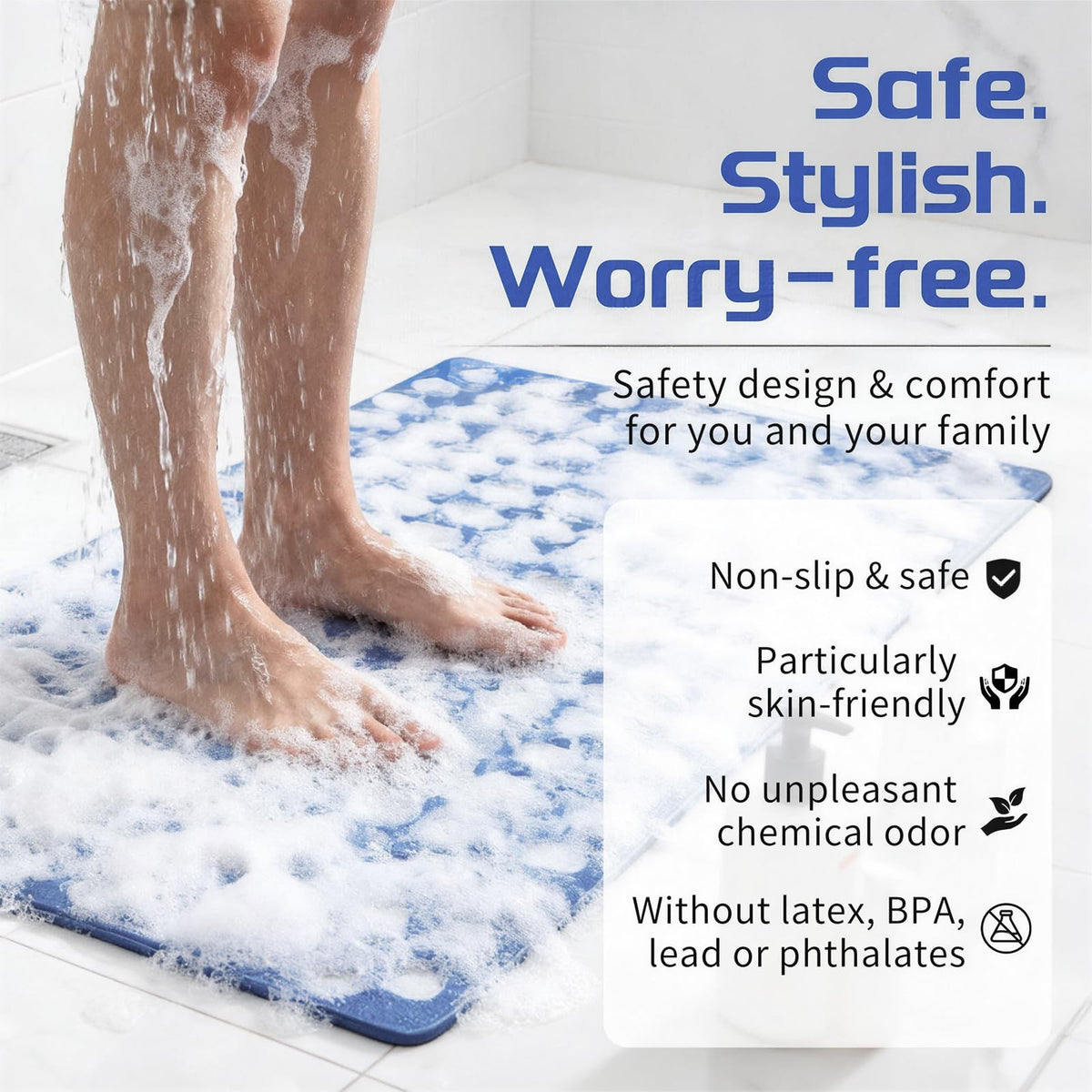 Bathtub Mats Non Slip Anti Mol, Shower Mat with Suction Cup, Machine Washable Bathroom Shower Mat with Suction Cups and Drain Holes