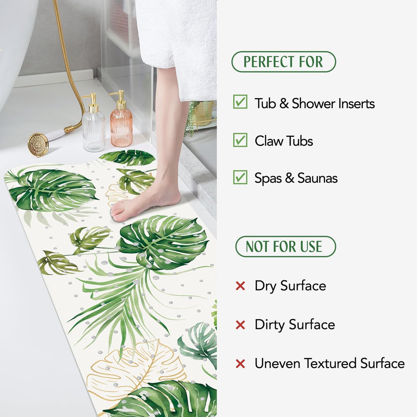 SHUCHING Tropical Leaves Shower Mat Non Slip Anti Mould, Green Bath Mat Non Slip Anti Mould 100 X 40 cm Extra Long