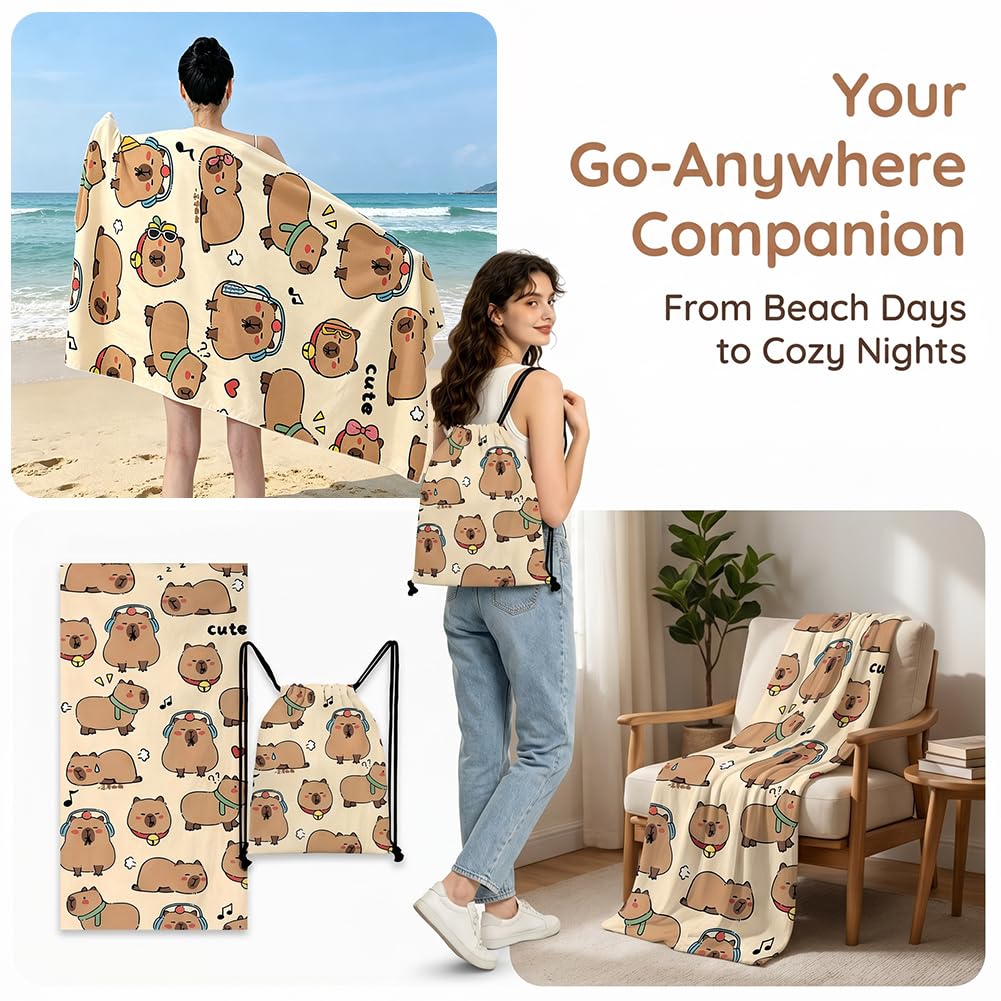 Capybara Microfiber Beach Towel Sand Free Absorbent Extra Large Travel Towels for Adults Kids Microfibre Towels for Adults with Drawstring Bag 2in1