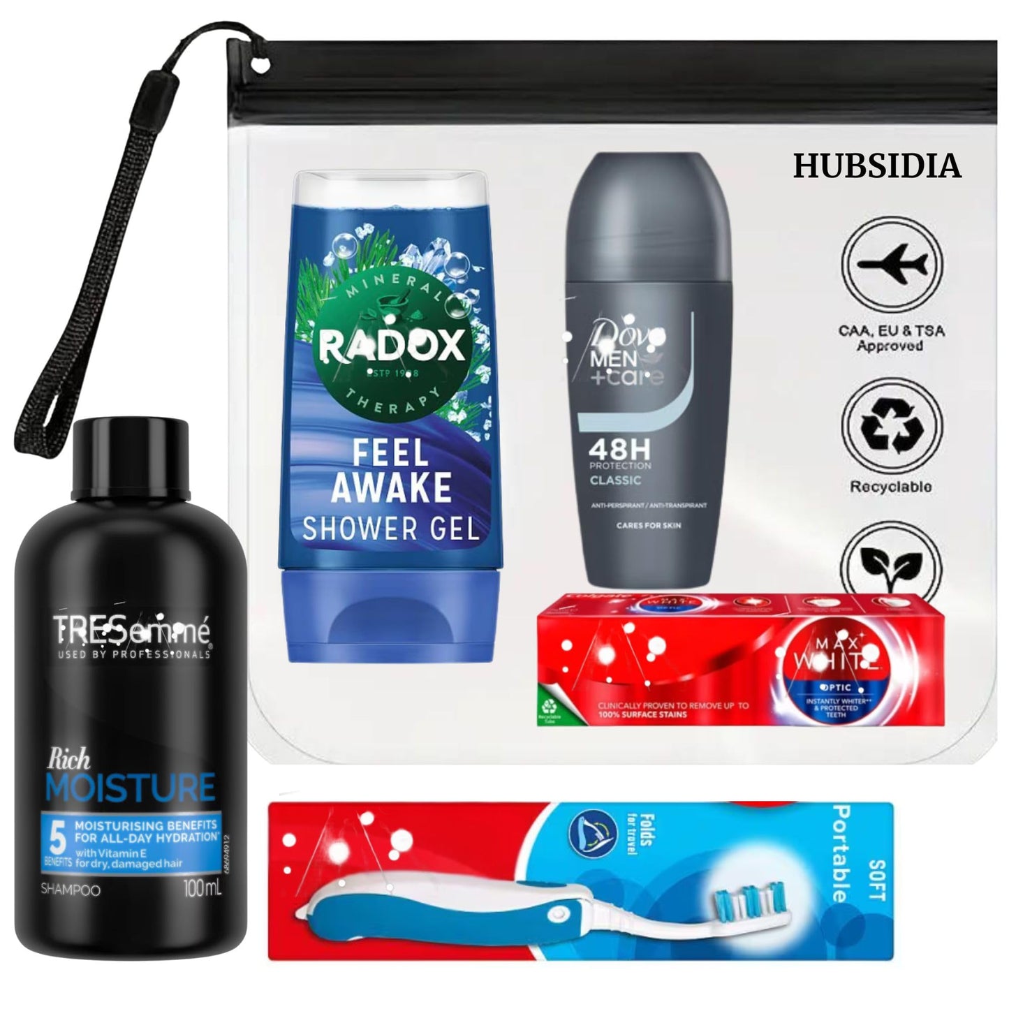 Men?s Travel Toiletries Set ? TSA & Airport Security Approved | Hubsidia Clear Travel Bag with Shampoo, Shower Gel, Roll-On Deodorant, Toothpaste &
