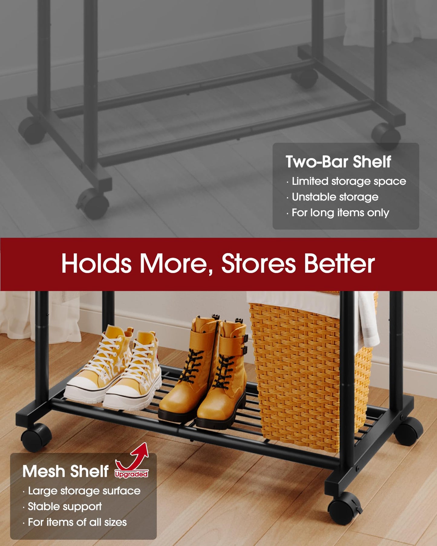 Sakugi Double Rod Clothing Rack Shoe Shelf & Hooks, 73x42x150cm, Black