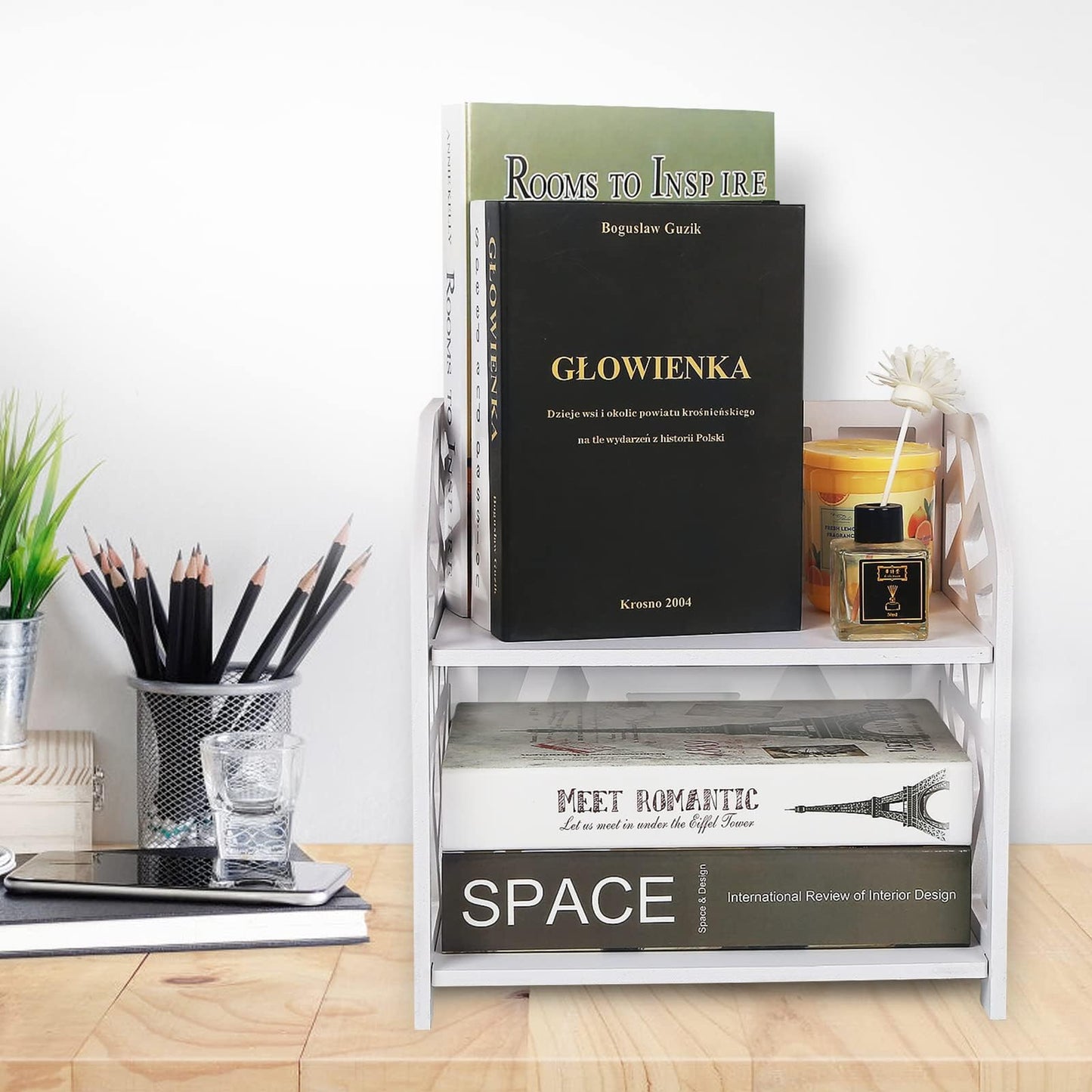 DoToGo Desk Shelf Organizer, Deskop Bookshelf for Small Space Adjustable Expendable for Office, Home, Kitchen (white-small square)