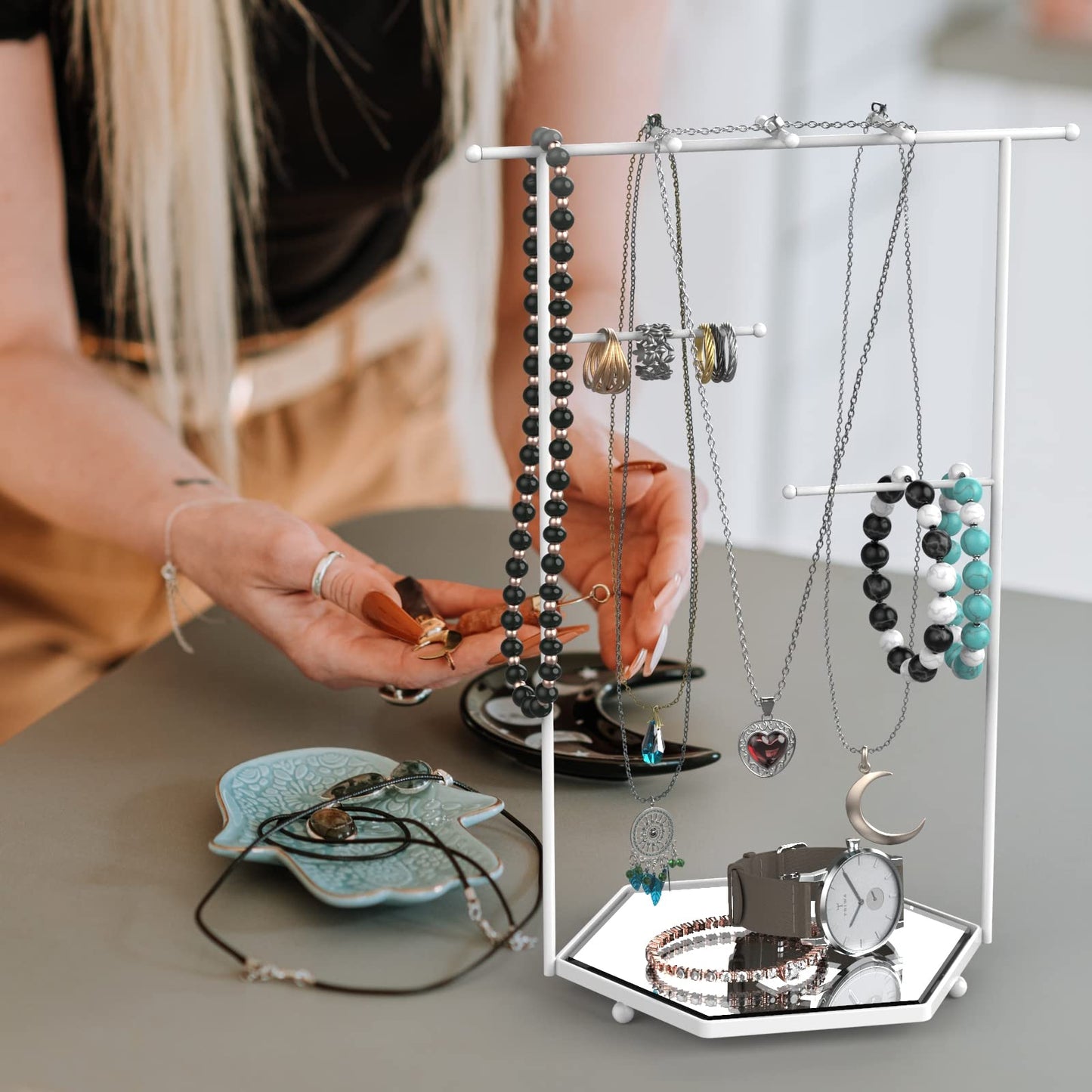 Mango Steam Tabletop Mirror Base Jewellery Tower/Display Stand for Bracelets, Necklaces, Hoop Earrings, Rings (Hexagon, White)