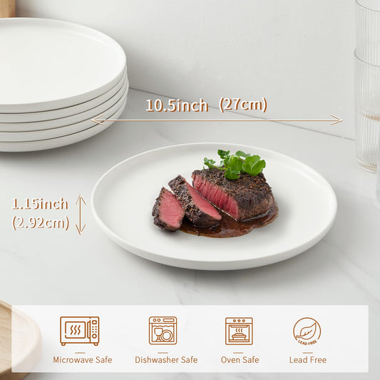 Jassceram 10.5 Inch White Dinner Plates Set of 6, 27cm Large Ceramic Round Plates with Lip for Kitchen Restaurant, Salad, Pasta - Dishwasher,