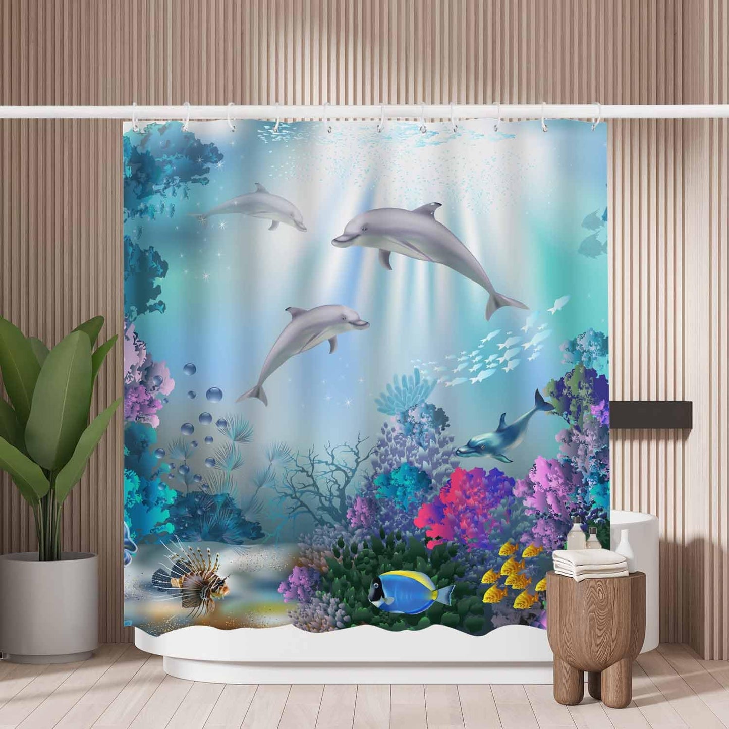 Woutay Shower Curtain Mould Proof Resistant Underwater World with Dolphins and Plants,Water Repellant Fabric,Polyester,Size 180x180CM