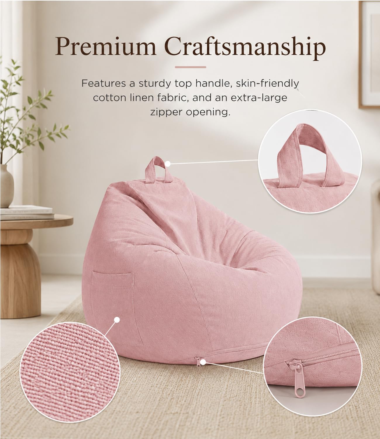 Highdi Kids Bean Bag Without Fillings - Cotton Linen Durable & Comfortable, Pink Storage Bean Bag Chair for Living Room/Gaming Room