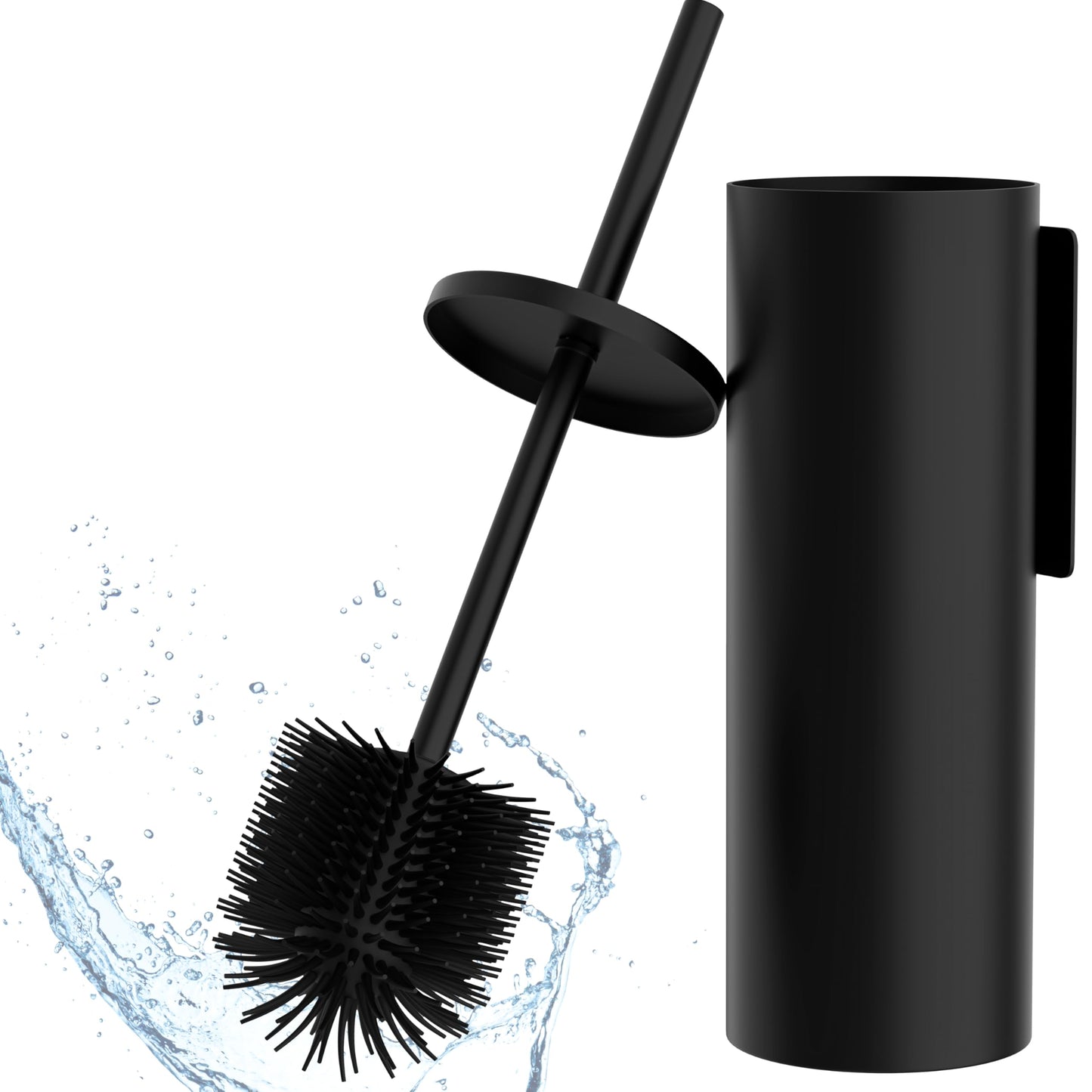 Hovea - Wall Mounted Toilet Brush Set - Silicone Brush & Metal Holder - Matte Black - No Drill - Wall Fixing with Sticker or Screws - Rubber Hygienic