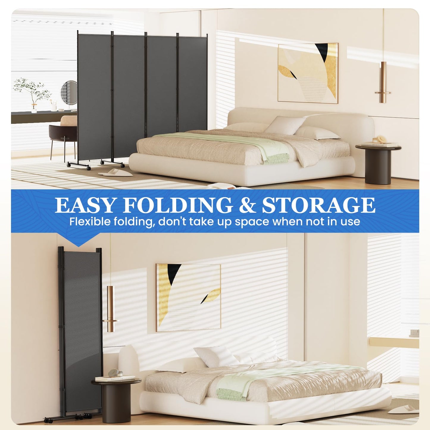8 Panel Room Divider 183CM Folding Privacy Screens with Lockable Wheels