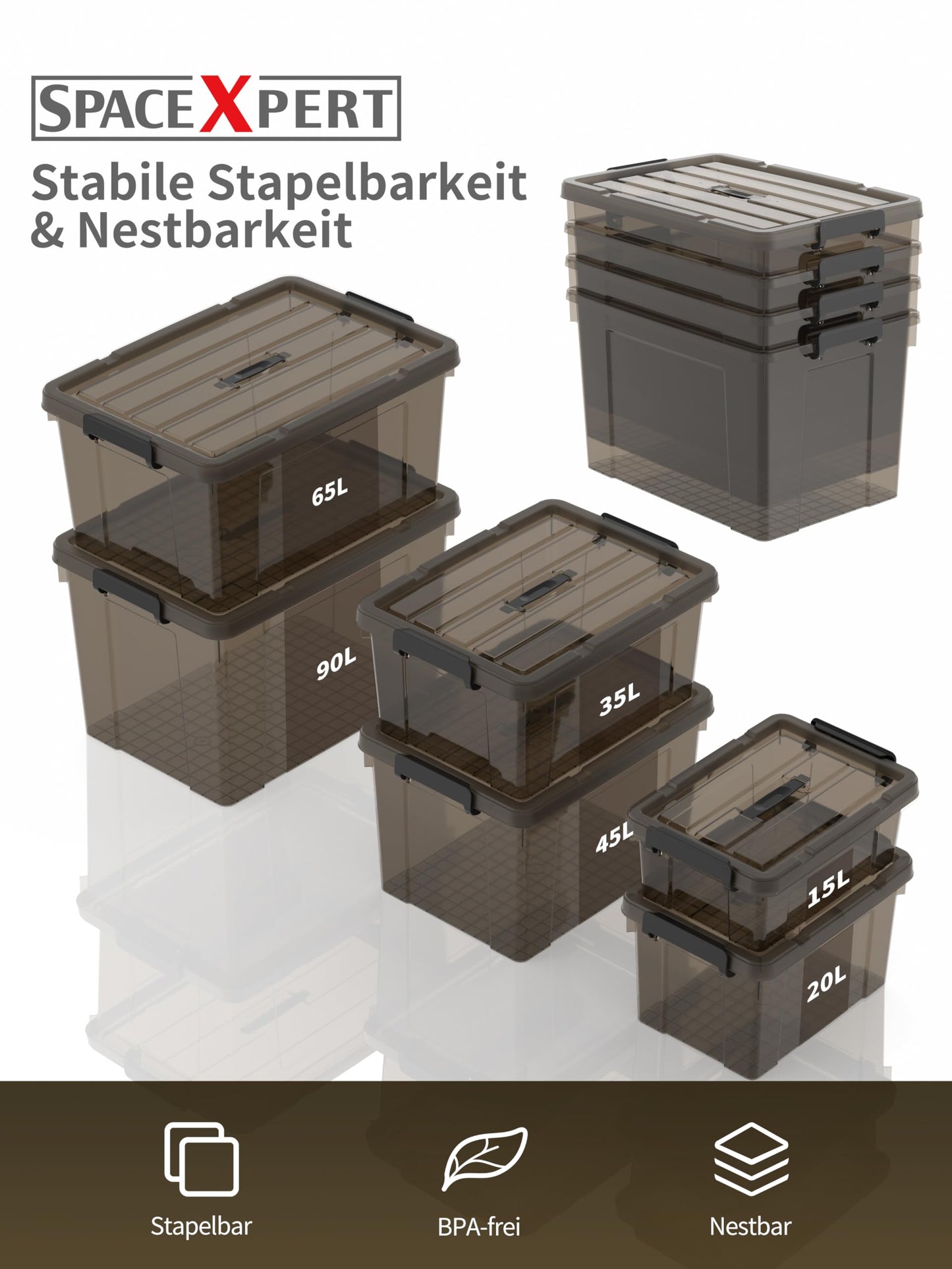 SpaceXpert Storage Boxes with Lid 65L, Plastic Storage Box with Handle, Stackable Container for Home Office Garage Accessories, Hand-Carryable Bin