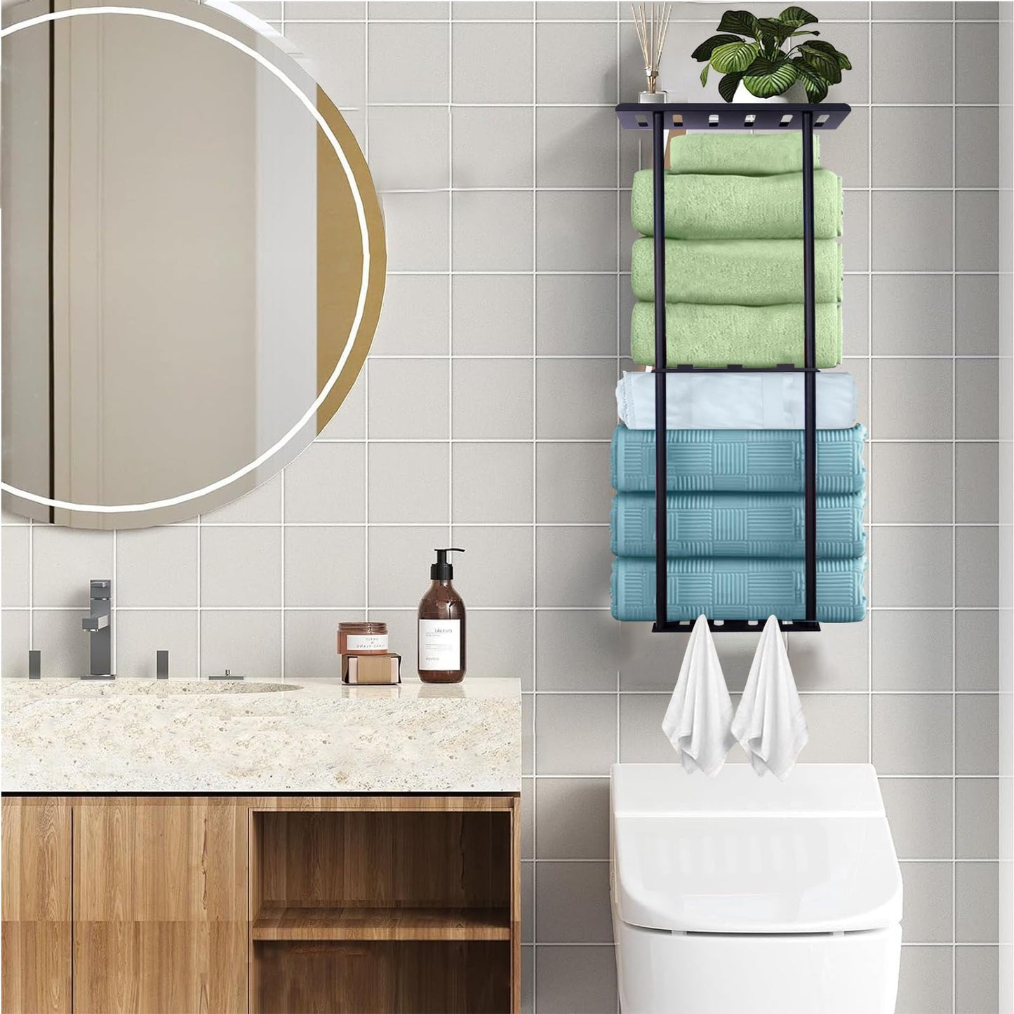 Towel Rack Wall Mounted, 3-Tier Bathroom Towel Shelf Wall Mounted With Hooks, 72cm Space-Saving Black Towels Holder Metal Bathroom Organizer For