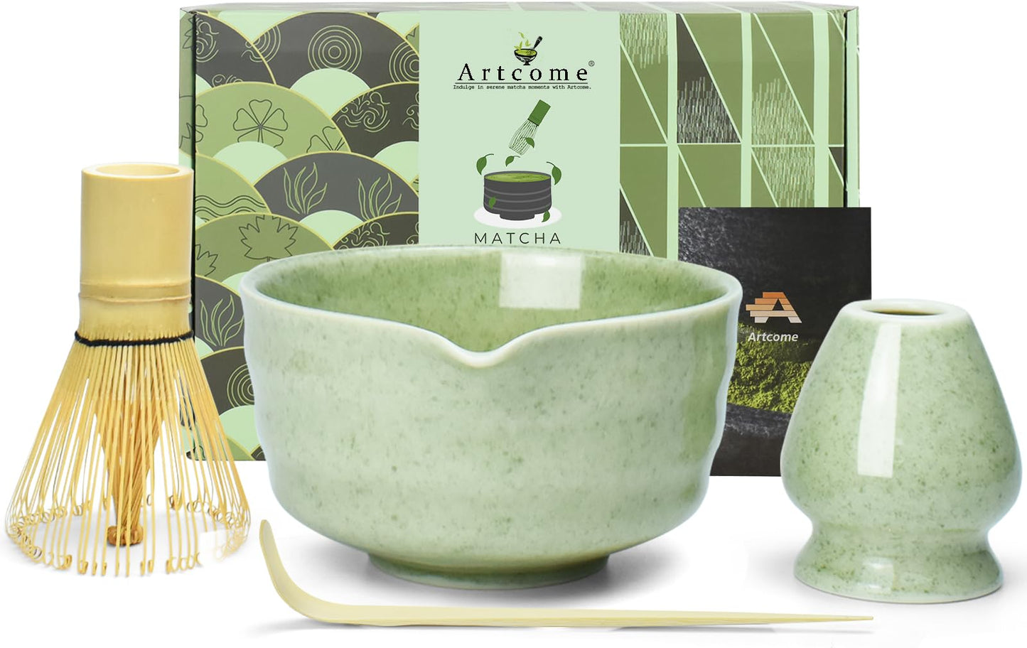 Artcome 4-Piece Matcha Tea Set - Complete Japanese Ceremony Kit with Bowl, Whisk, Whisk Holder, Scoop & Guide, Mottled Light Green