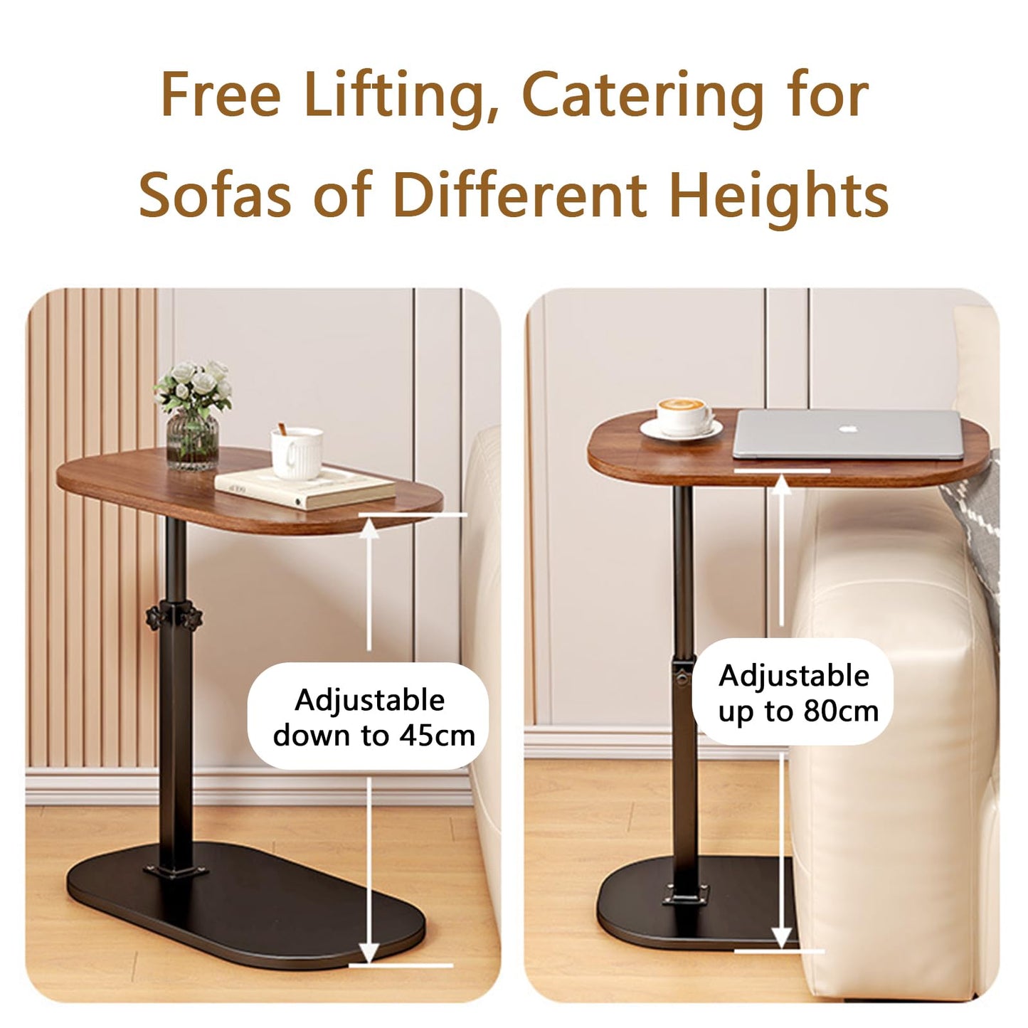 Gelory Height Adjustable Side Table 360° Swivel End Tables, Black Walnut