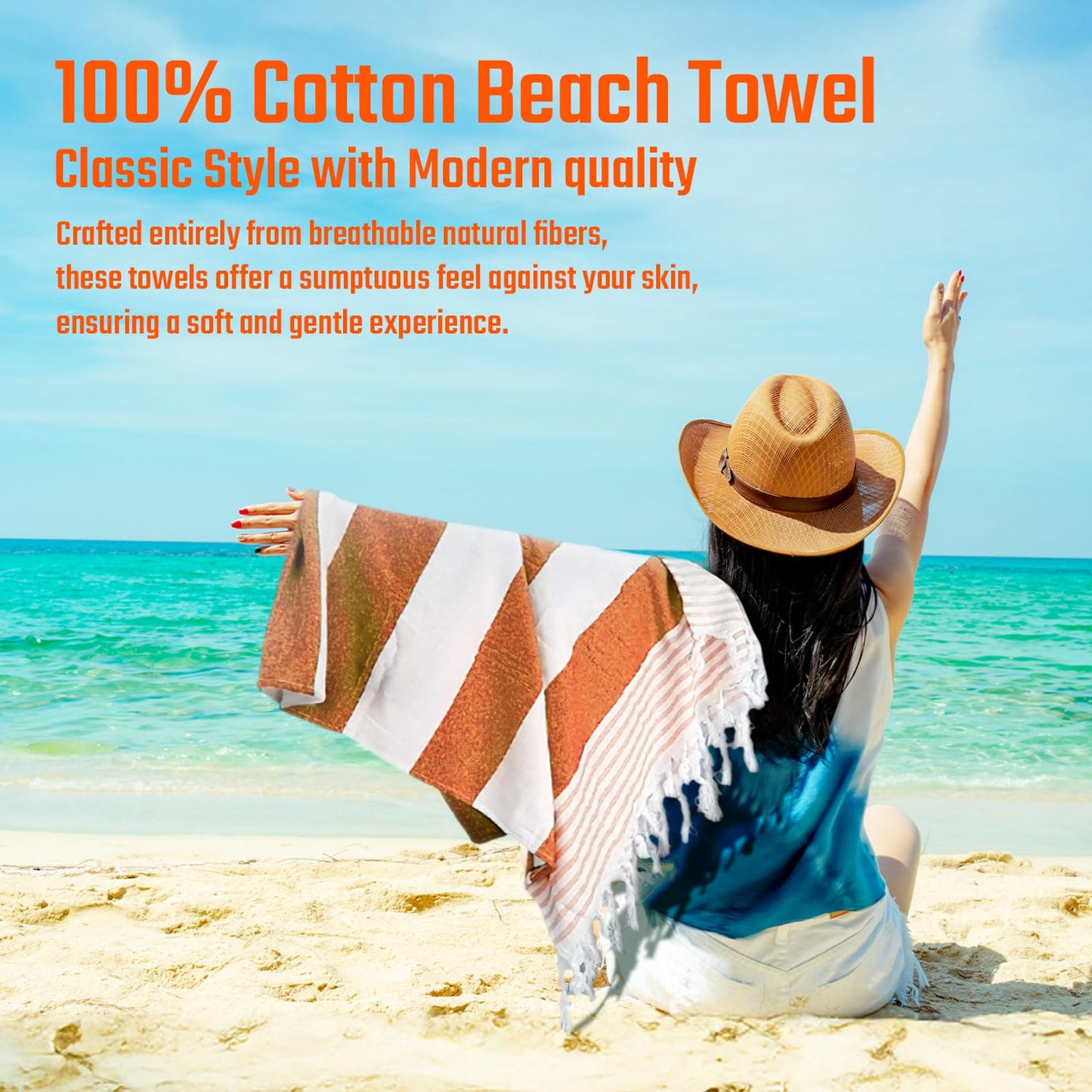 Laurel & Mason 100% Cotton Turkish Beach Towel - Extra Large, 180cm x 90cm, Lightweight, Quick-Drying, Soft & Breathable - Orange