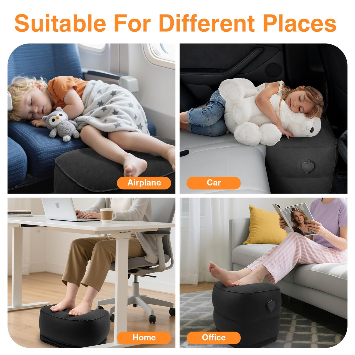 Maliton Inflatable Airplane Foot Rest with Pump Bag Black, 2Pcs