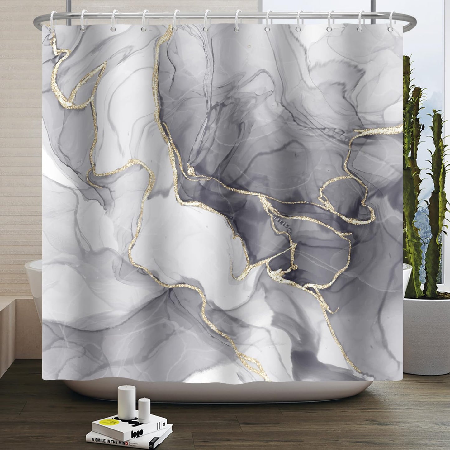 Kzzfqxb 152x183cm Shower Curtains with Plastic Hooks, Waterproof Occluded Grey Marble Texture Golden Curve Lines Flowing Smoke Art Pattern for Bath,