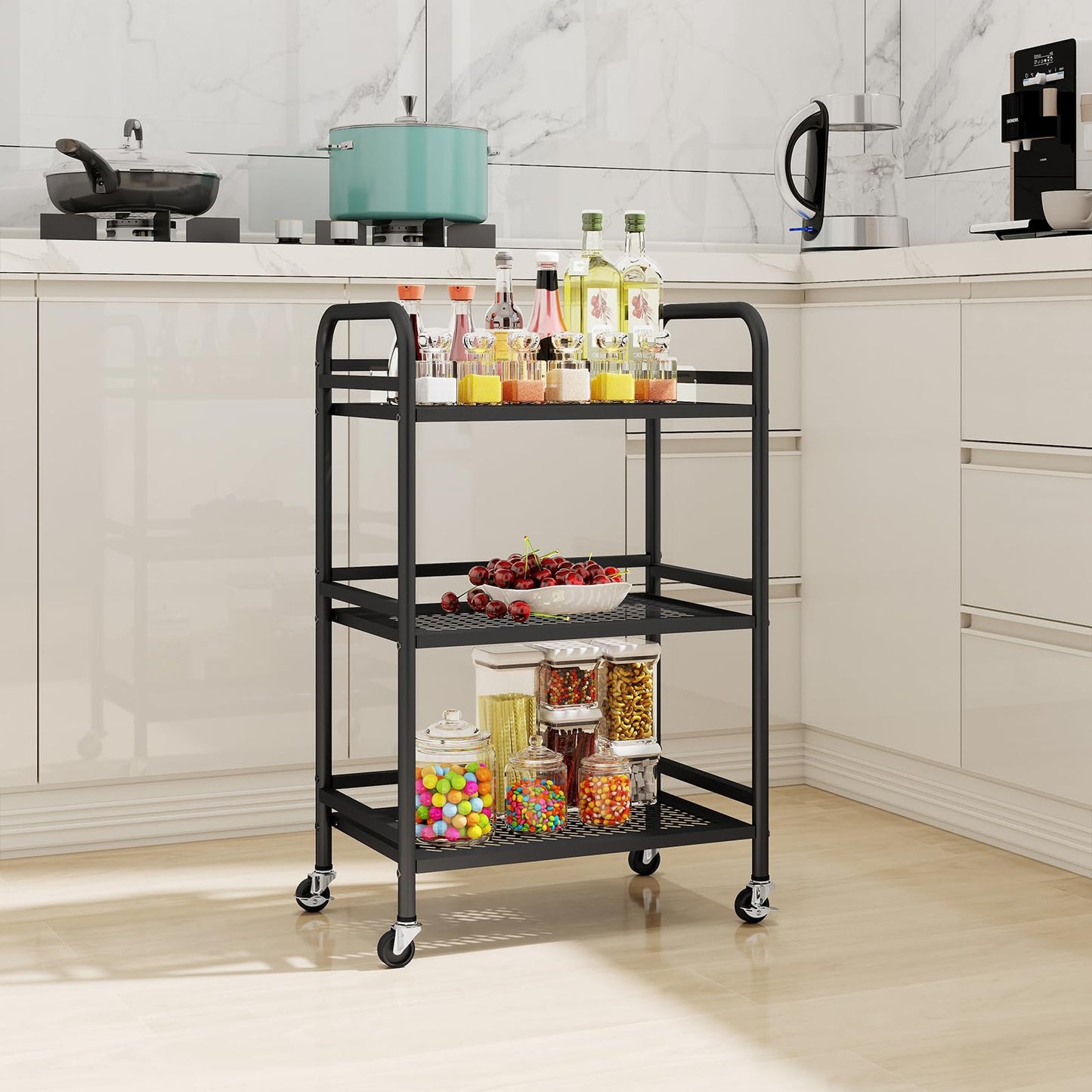 HDANI Serving Trolley,3-Tier Metal Trolley,Black,48x30x75cm Mesh