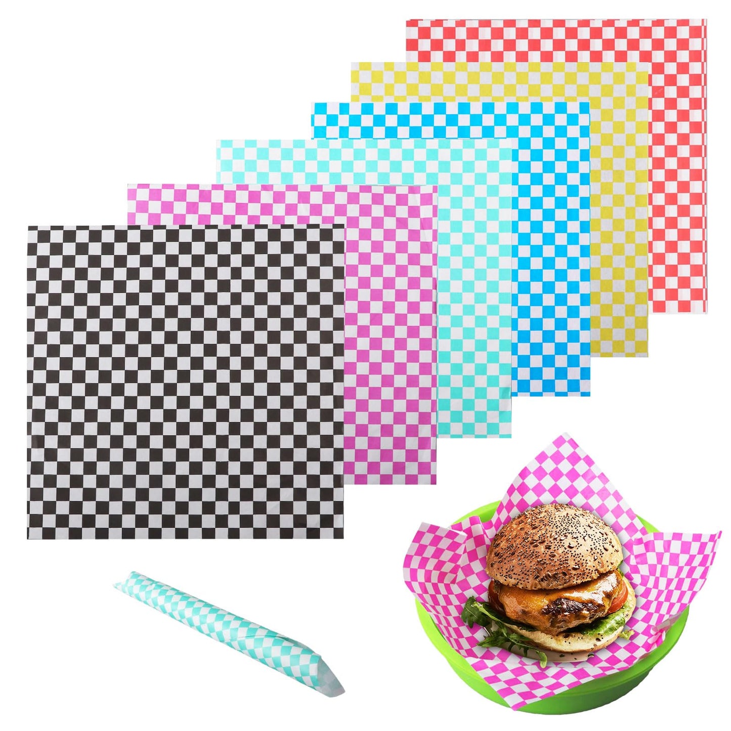 Tefola 300pcs Greaseproof Sandwich Wrappers 30x30cm, Waterproof Wax Paper Sheets for Burgers, Fries, Food Baskets, 6 Colours Checkered Design