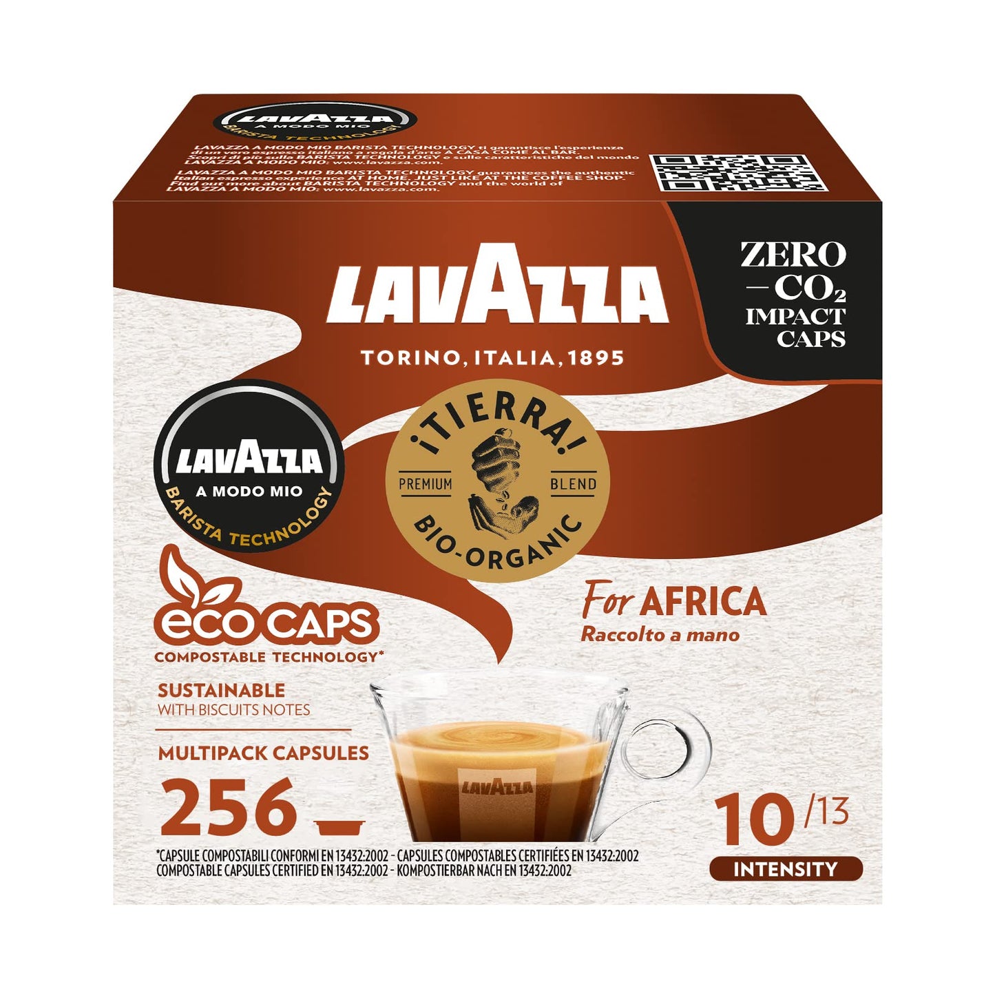 Lavazza A Modo Mio Tierra for Africa, 256 Coffee Capsules for an Espresso with Biscuit Notes, Arabica and Robusta, Intensity 10/13, Medium Roast, 16