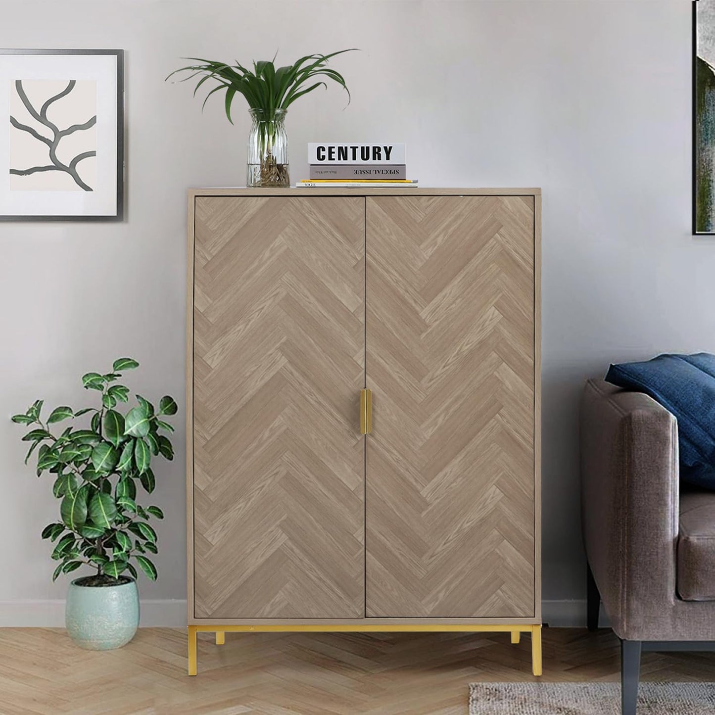 Yvsevnr Herringbone Sideboard Buffet Storage Cabinet Kitchen Cupboard