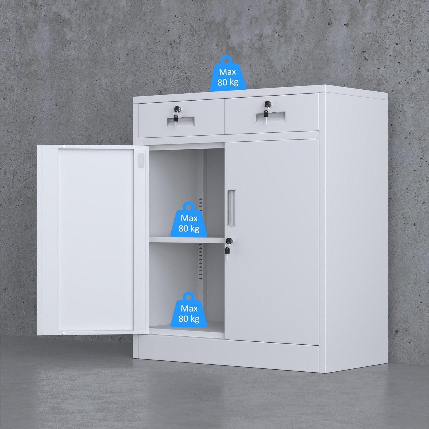 JINGUR Metal Storage Cupboard with Locking Doors and 2 Drawers (White)