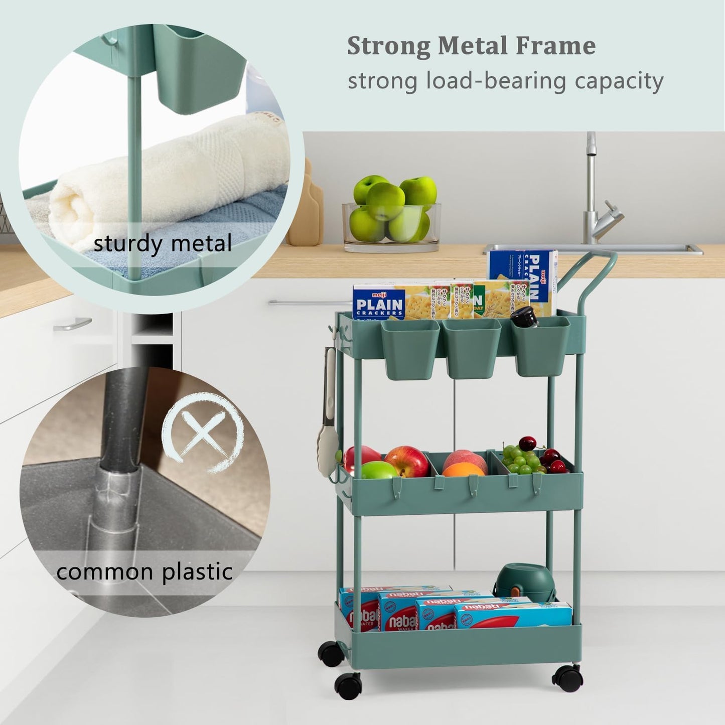 danpinera Storage Cart on Wheels, 3 Tier Slim Laundry with Wheels Bathroom Organizer with Hanging Cups Hooks Dividers Handle Mobile Rolling Art Cart