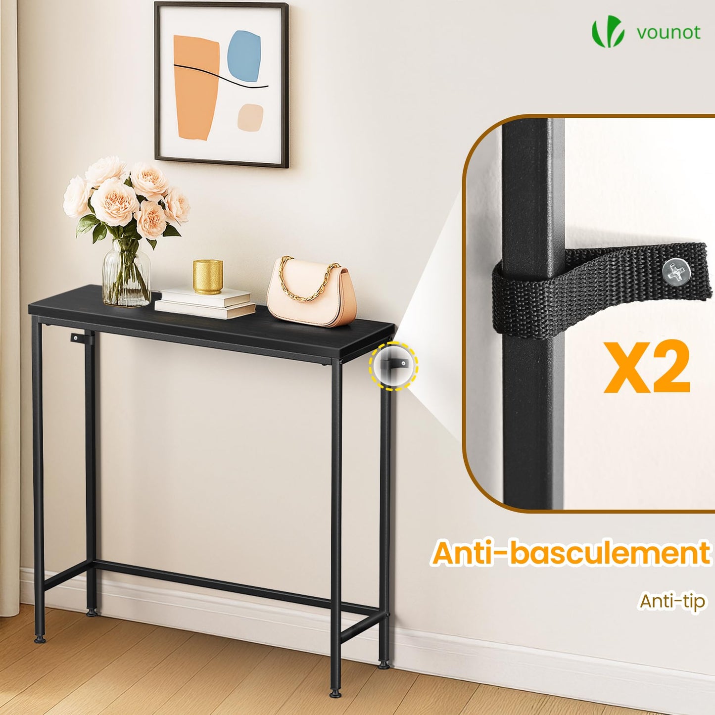 VOUNOT® Slim Console Table, Metal Frame Entryway Table, Small Sofa Side Table for Hallway, Living Room or Bedroom, 75x24x75 cm, Black