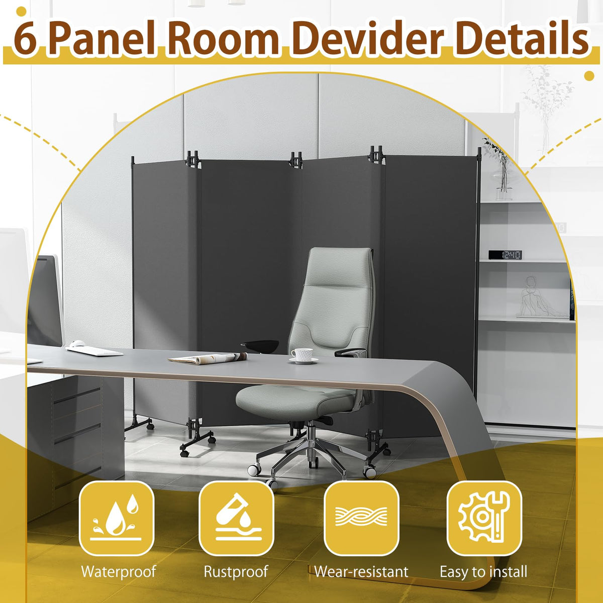 HIDODO 4 Panel Upgraded Room Divider with Wheels, 247cm W x 183cm H, Grey