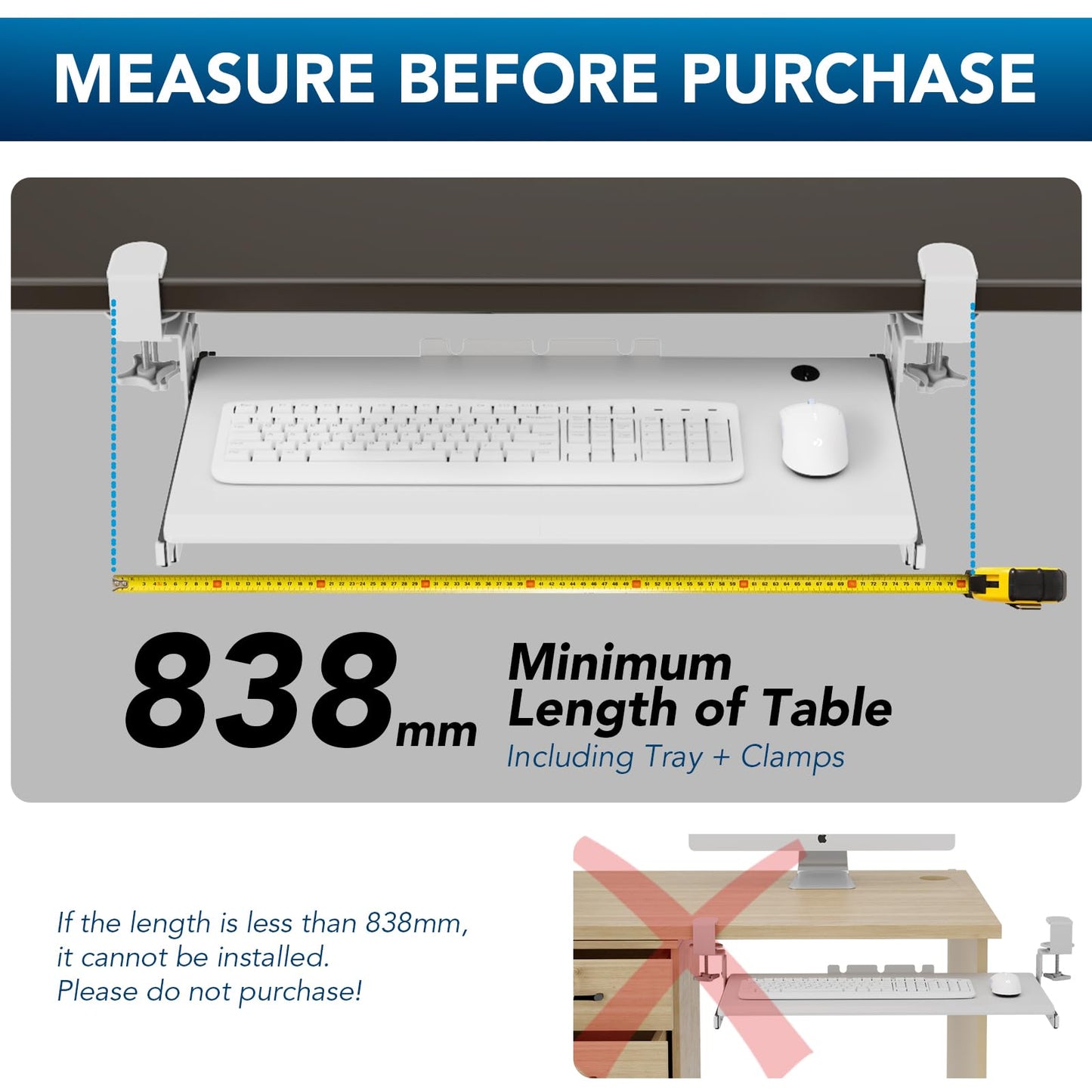 Keyboard Tray Under Desk Pull Out with Extra Sturdy C Clamp Mount System, 694 (838 mm Including Clamps) x 300 mm Slide-Out Platform Computer Drawer