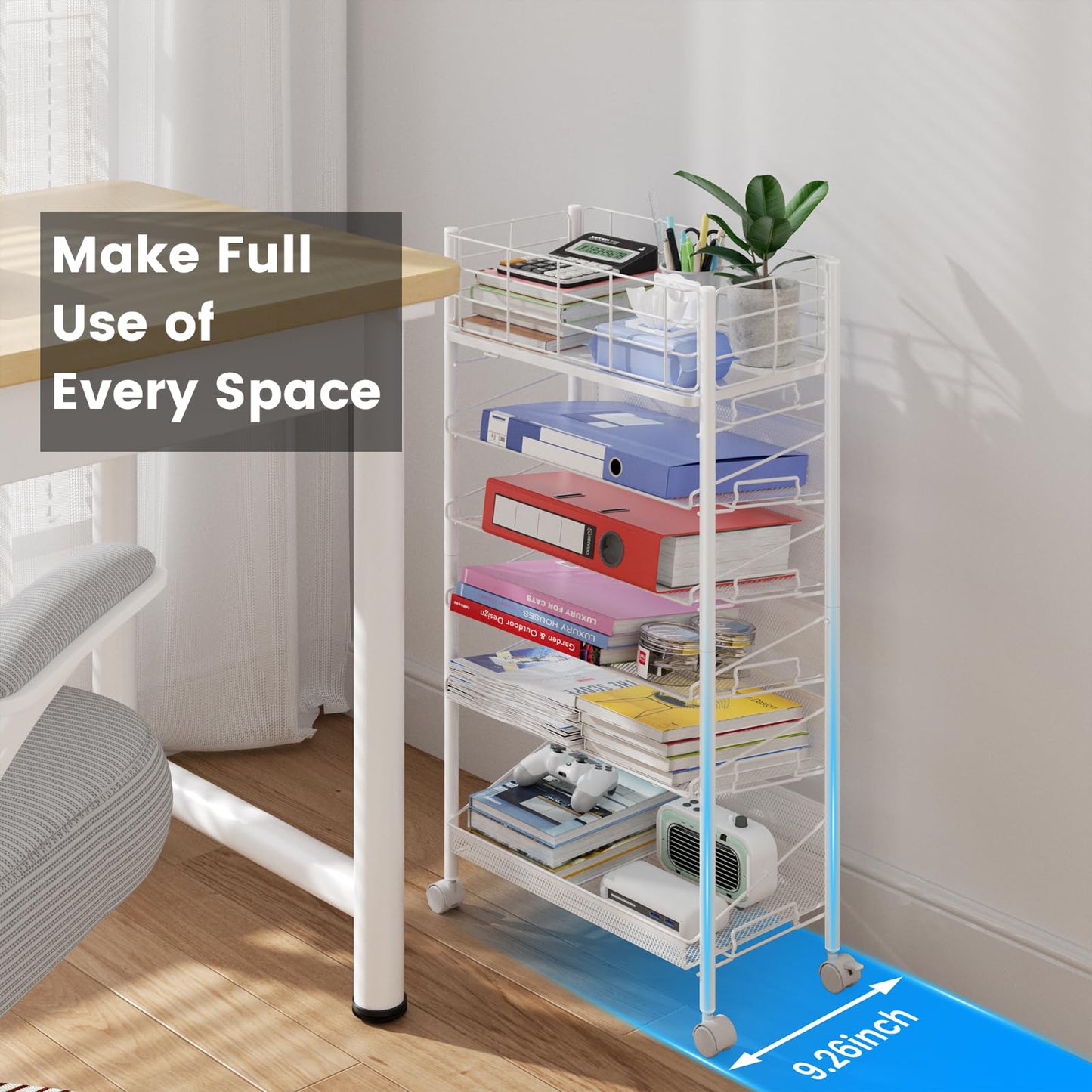 6 Tier Metal Mesh File Trolley with Lockable Wheels, Slim Rolling File Cart Desk Side Organiser