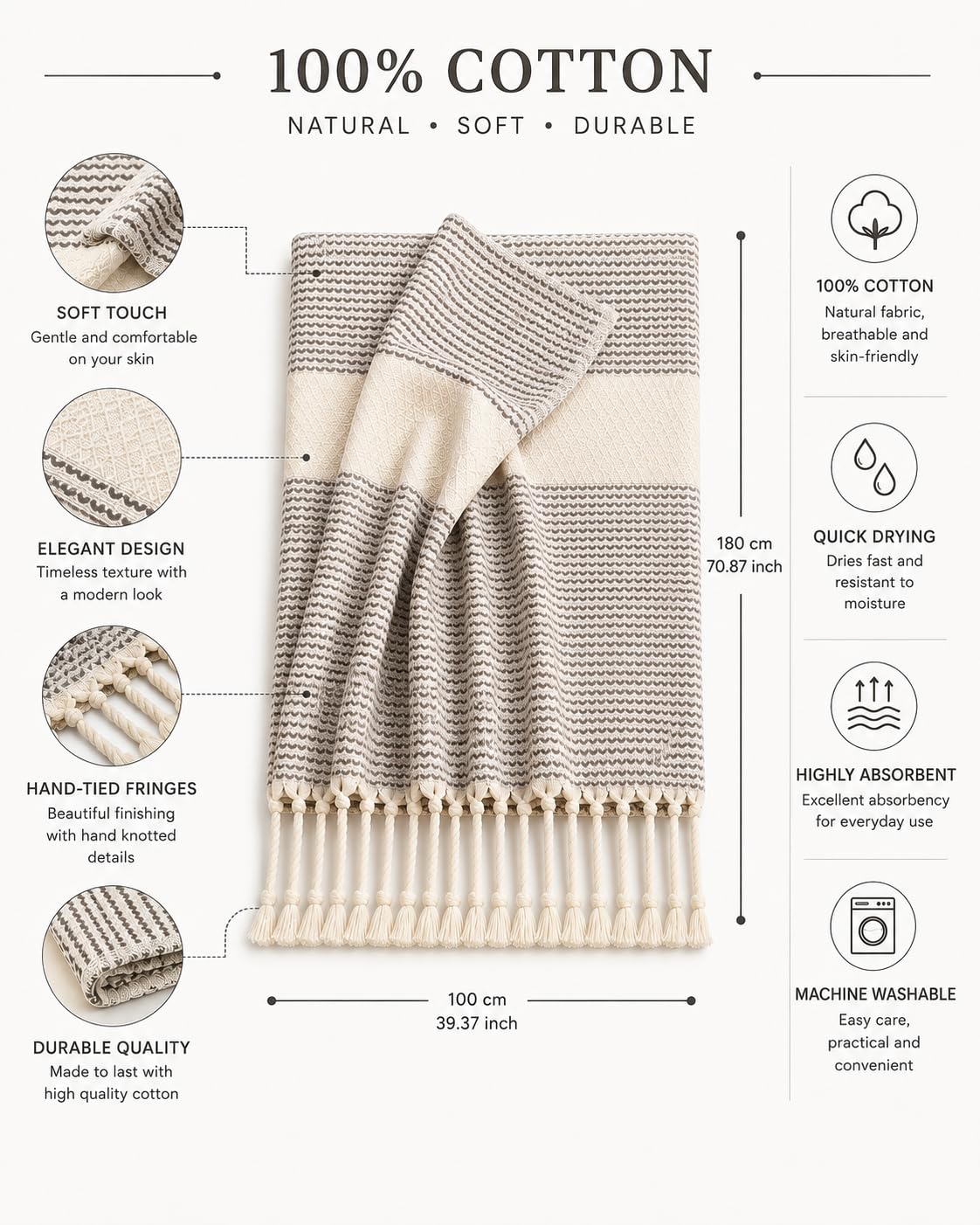 Babila Turkish Hammam Peshtemal Towel | Lightweight & Quick-Drying & Absorbent | Turkish Travel, Spa & Beach Towel | Soft, Compact & Versatile