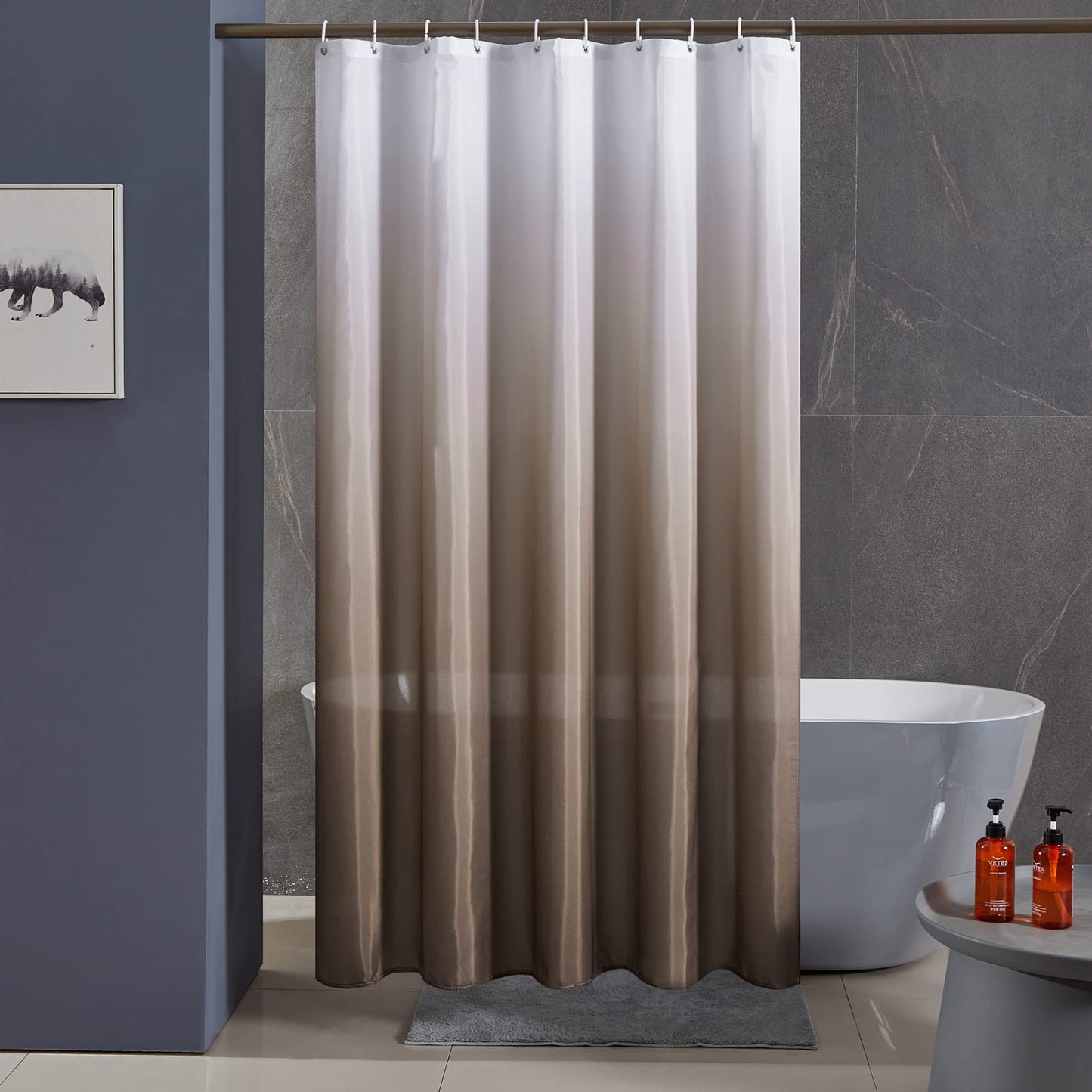 Furlinic Shower Curtains for Bathroom Mould Proof Polyester Fabric Wetroom Bath Curtain Waterproof Washable with 8 Hooks White to Brown Narrow 47x78