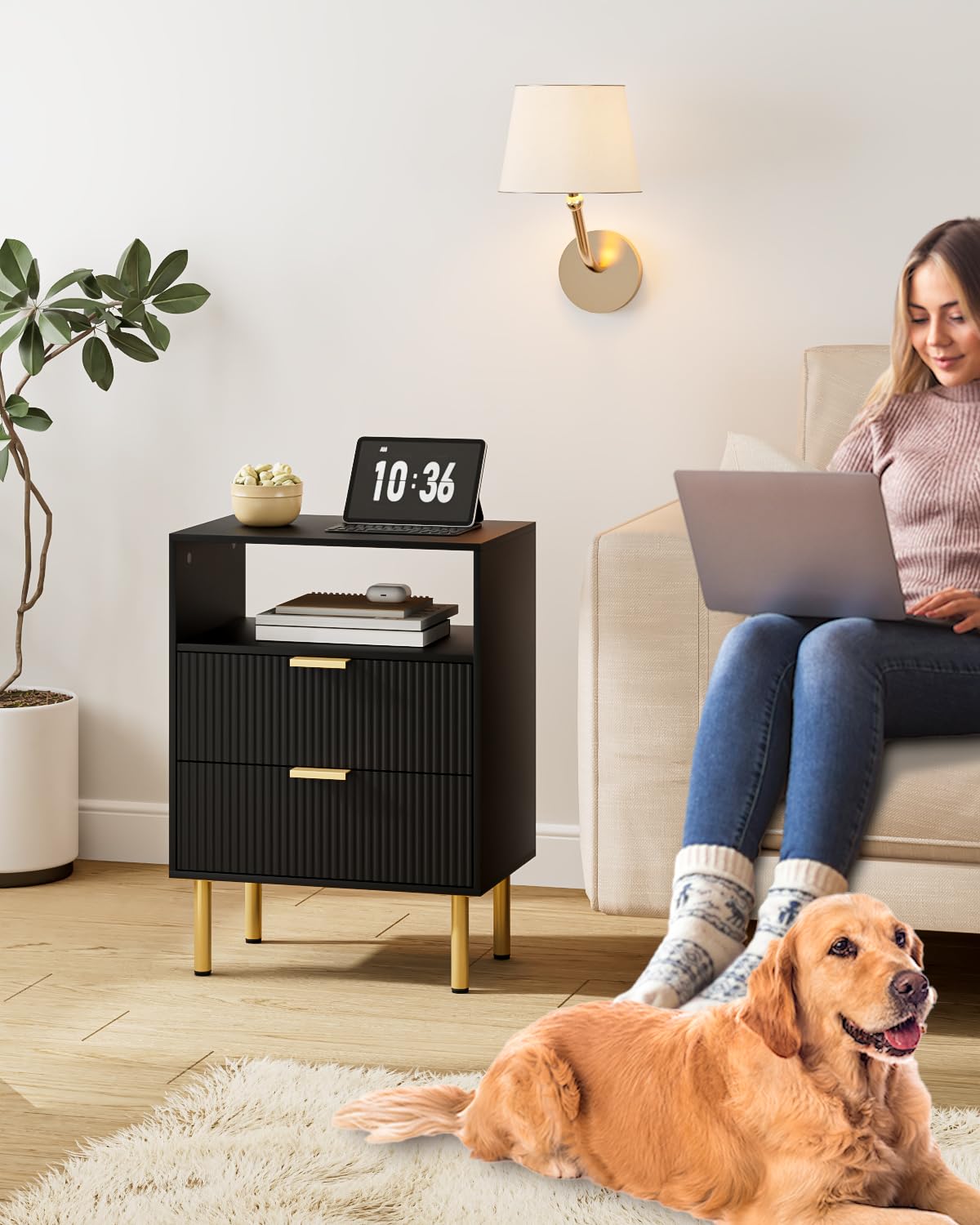 Apetaccat Bedside Table with 2 Drawers, Modern Bedside Cabniet with Metal Legs, Fluted Nightstand, Side Table for Bedroom, Living Room, Office