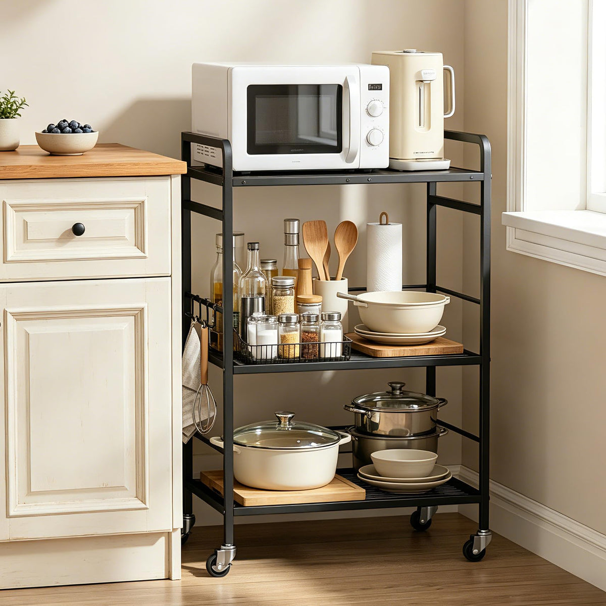 YONTUO 3-Tier kitchen trolley,Brown Wood Top,60W×40Dcm,4 Hooks, Adjustable Shelves