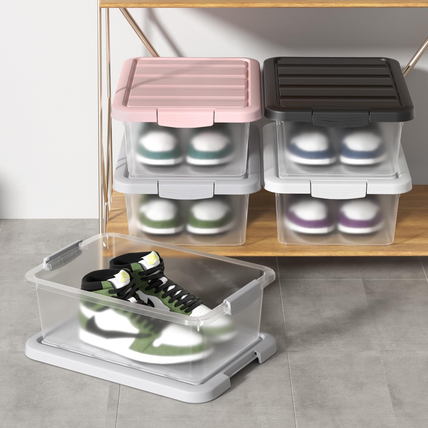Yesdate 2 Pcs 16 L Clear Stackable Latch Bins, Plastic Storage Box with Gray Lid