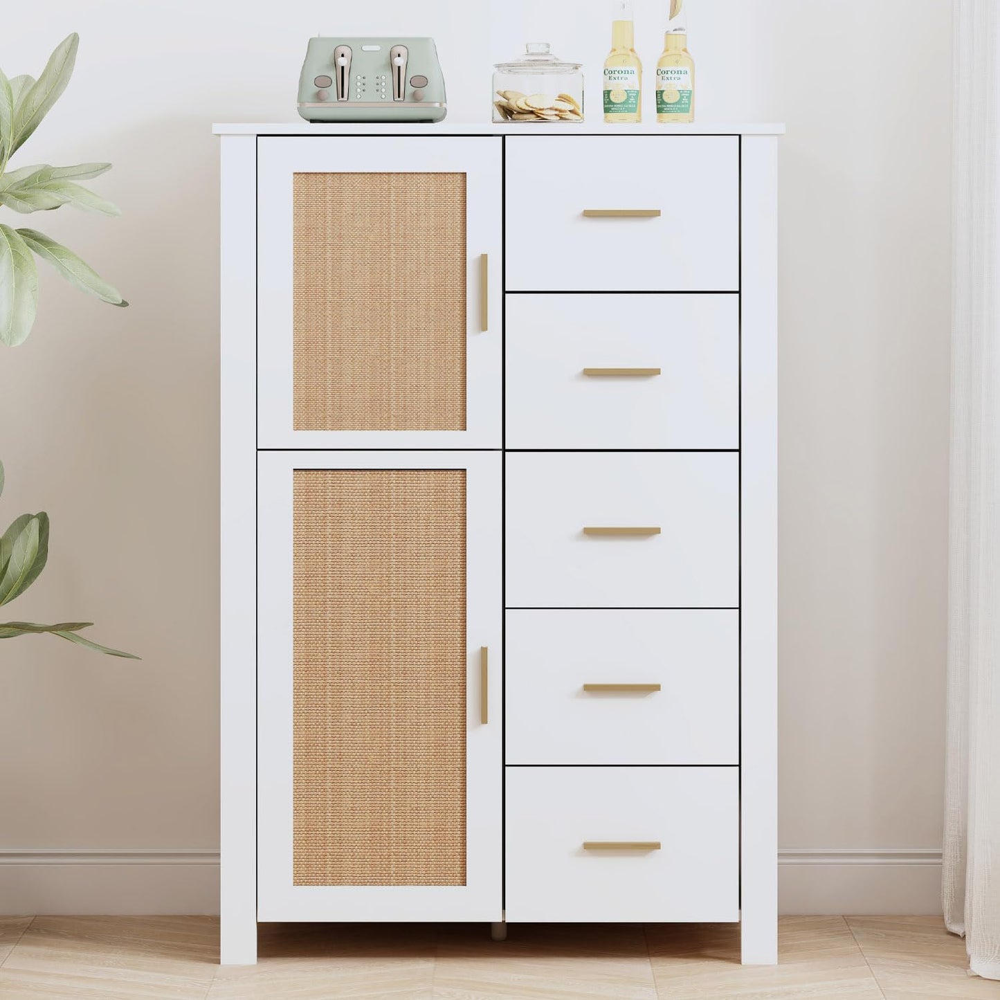 IBF Rattan Chest Of Drawers, Bathroom Floor Cabinet Cupboard With 5 Drawers&2 Doors, 118cm Tall Storage Cabinet, White Oak Wooden Wardrobe With