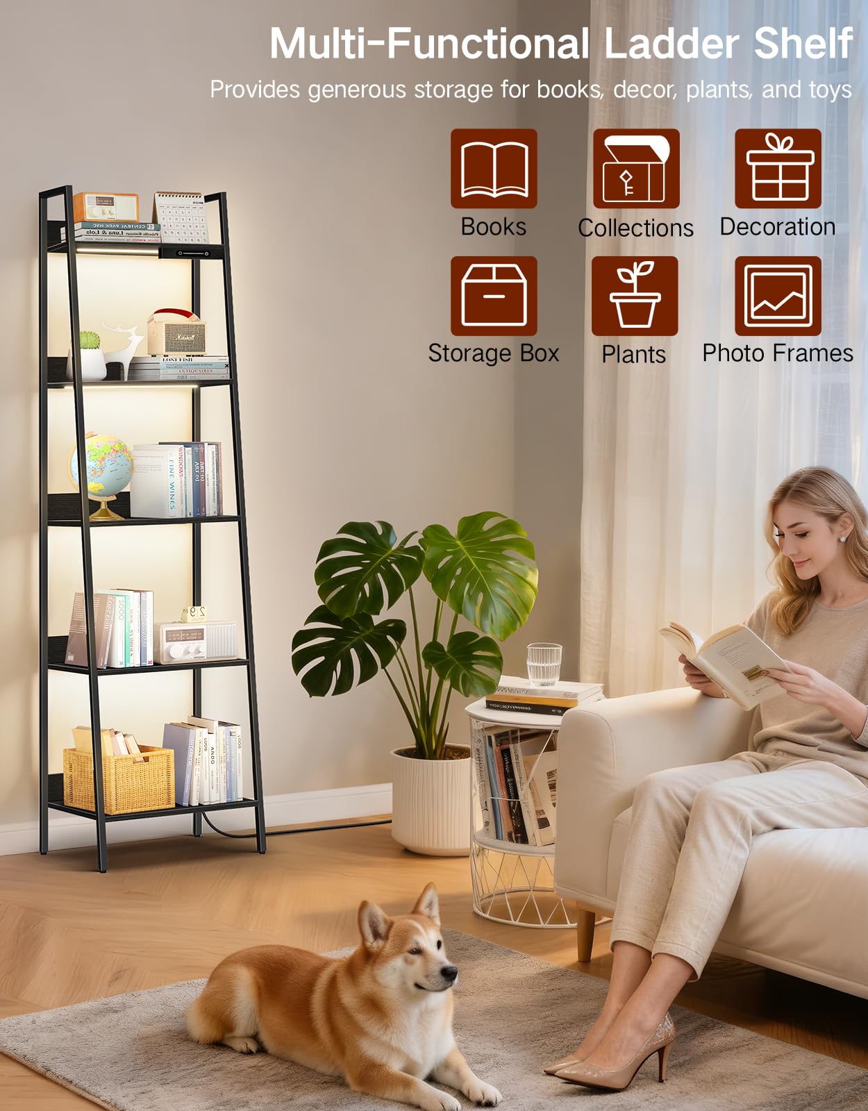 OUTONLIFE 5-Tier Small Ladder Shelf with LED Lights, Touch & Remote Control, 3 Color Temperatures, Dimmable Tall Corner Standing Bookcase