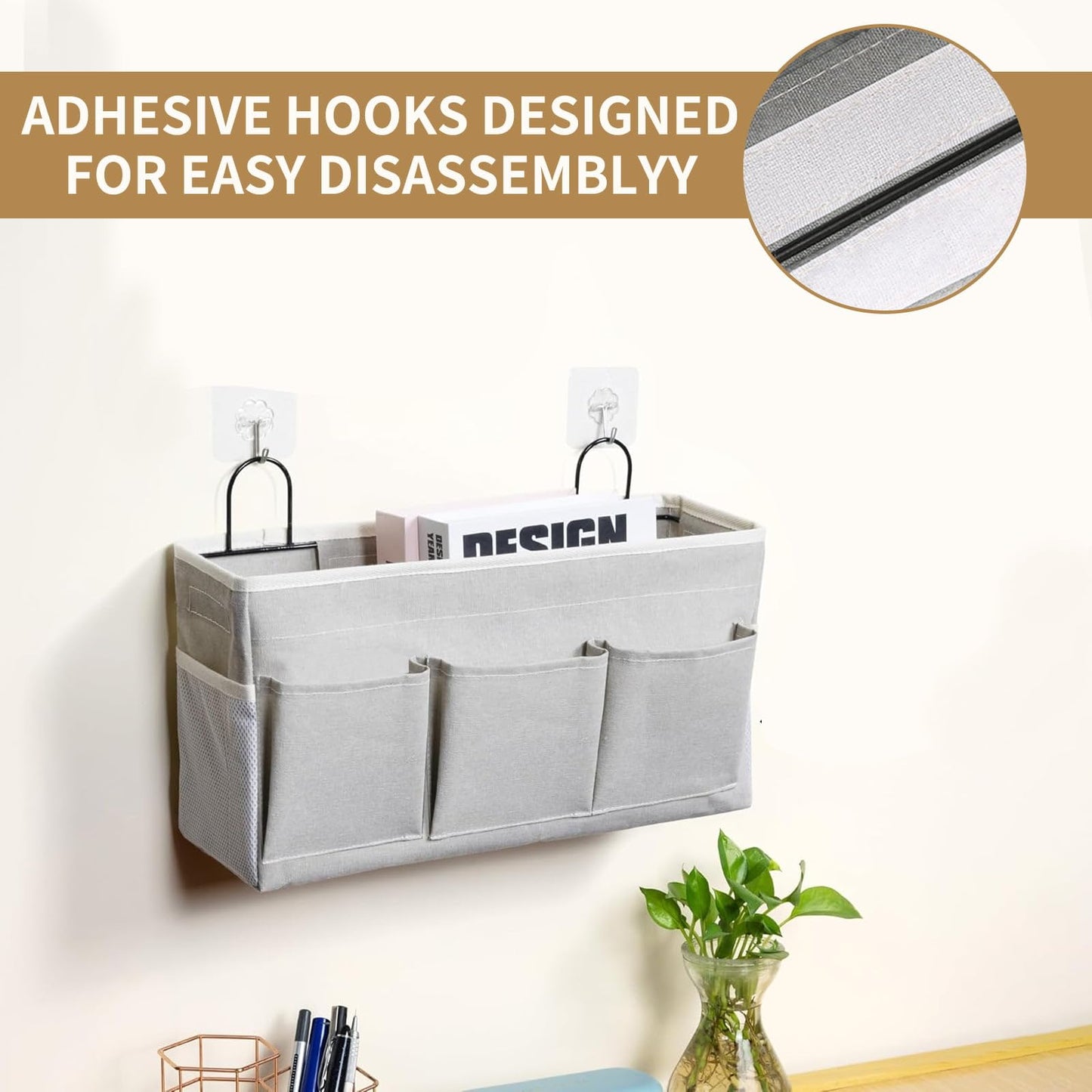 Eidoct Canvas Wall Hanging Organizer Bag with Hook, 3-pockets Storage Bag