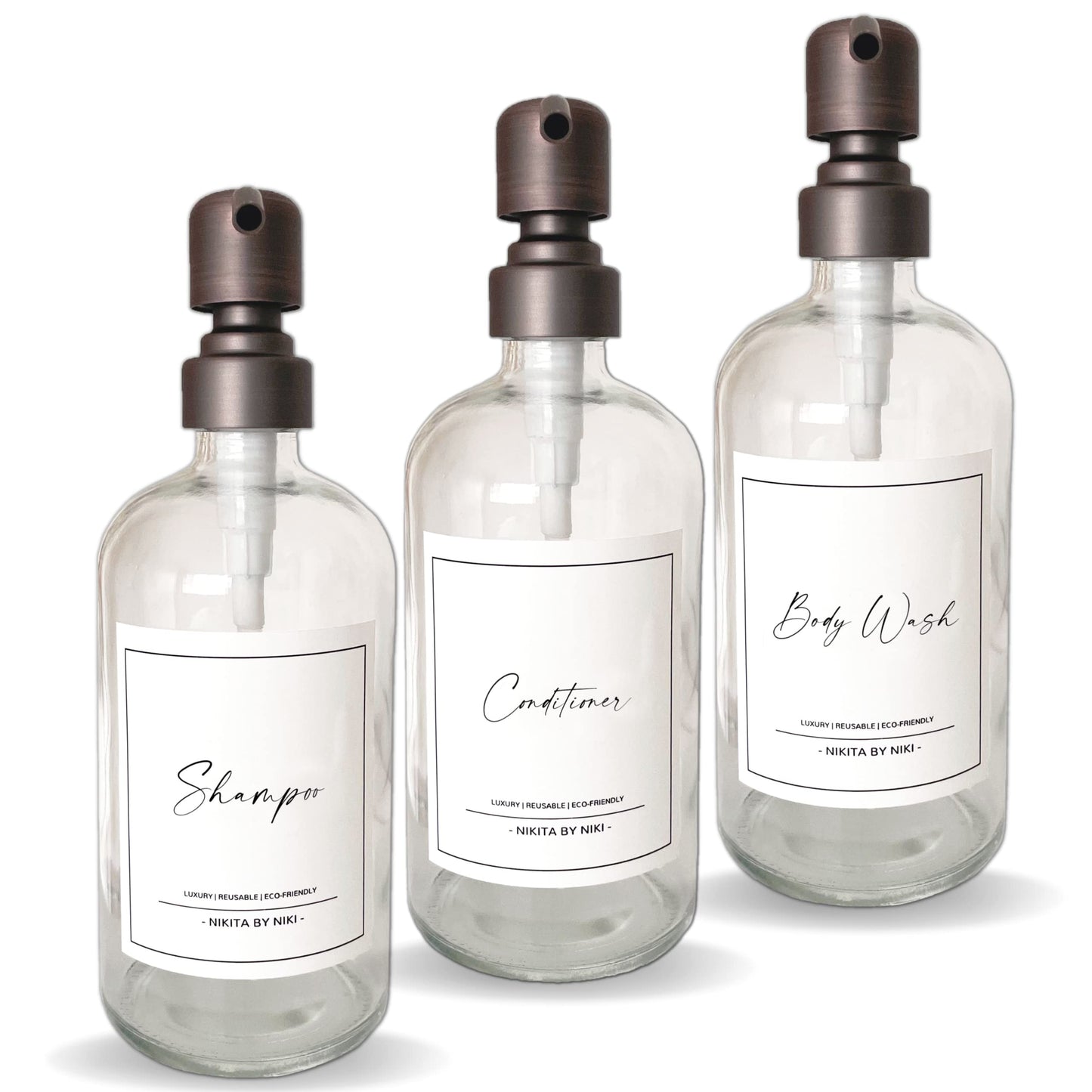 Clear Glass Soap Dispenser Set - Stainless Steel Pump - Bathroom Soap Dispenser Set - Glass Soap Dispenser Set of 3 - Glass Shampoo, Conditioner, Body