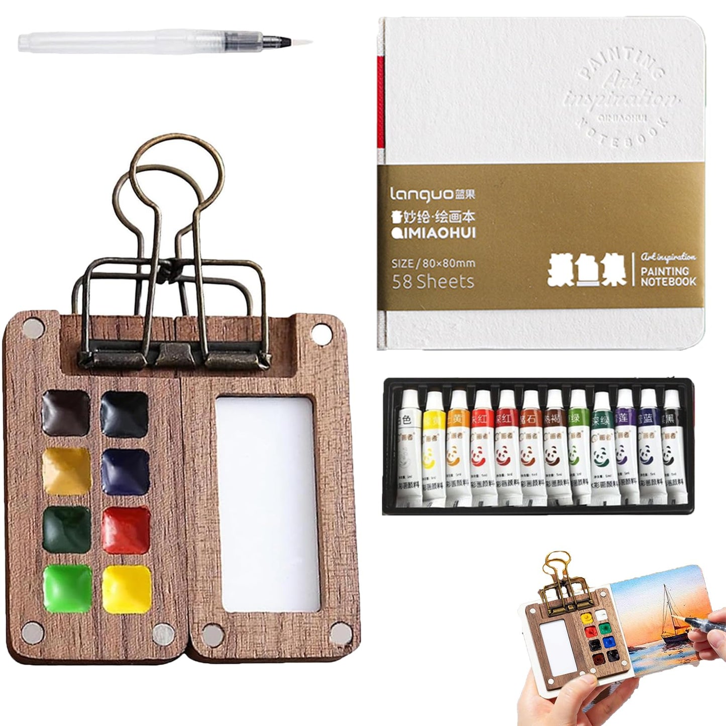 Suction Pocket Artist Watercolour Travel Set - Mini Watercolour Paint Set, Clip Watercolor Pen Gift for Painters and Artists (1 Watercolor Box, 1