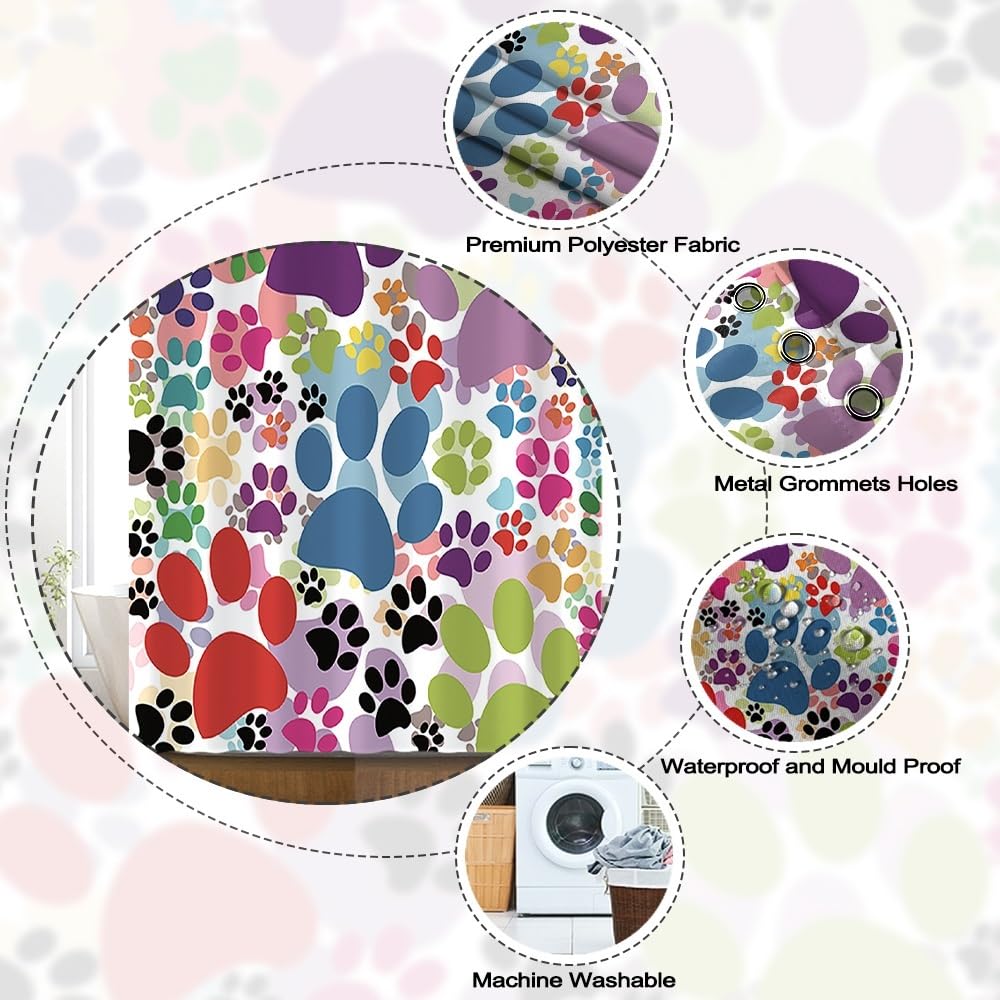 Xiaoterna Dog Paws Shower Curtain Cute Dog Pet Paws Animal Lover Claw Footprint Bathroom Curtain Colorful Cartoon Dog Cat Paw Mould and Mildew