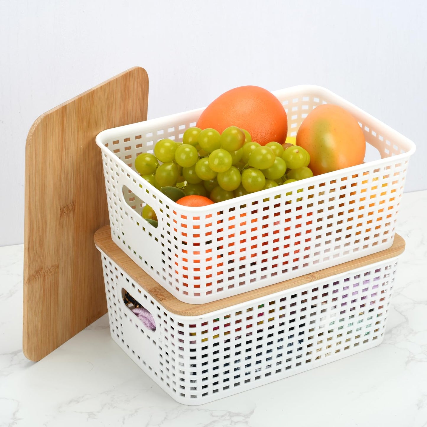 LYHLYA Stackable Storage Bins with Bamboo Lids, 6-Pack, BPA-Free Plastic, 5.1 Qt Capacity, Side Handle, 10x7.2x4.13 Inch, for Home Organization