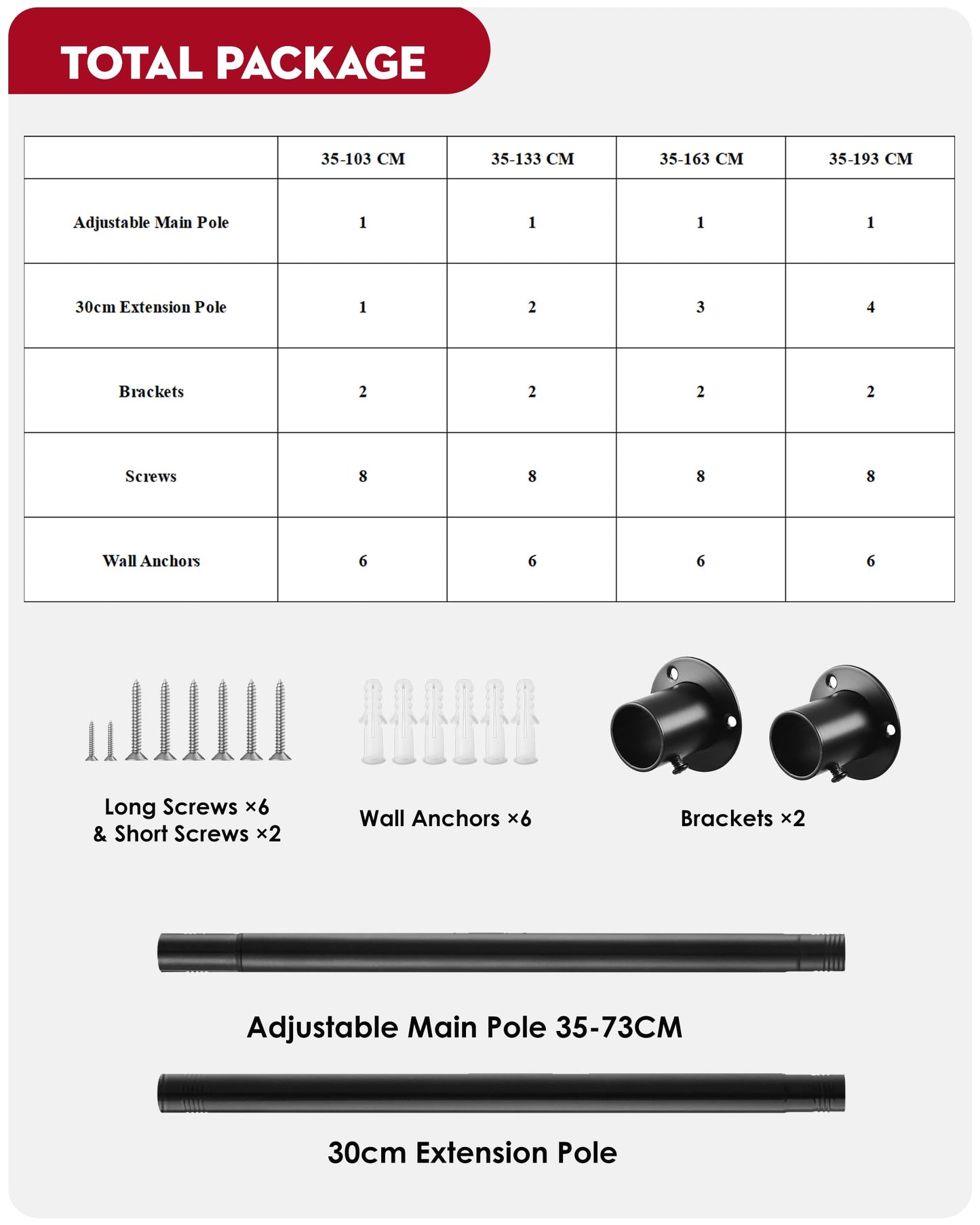 Wardrobe Rail, Extendable Clothes Rail Black 74-163cm, Stainless Steel Clothes Hanging Pole With Screws and Fixing Sockets for Wardrobe 25MM