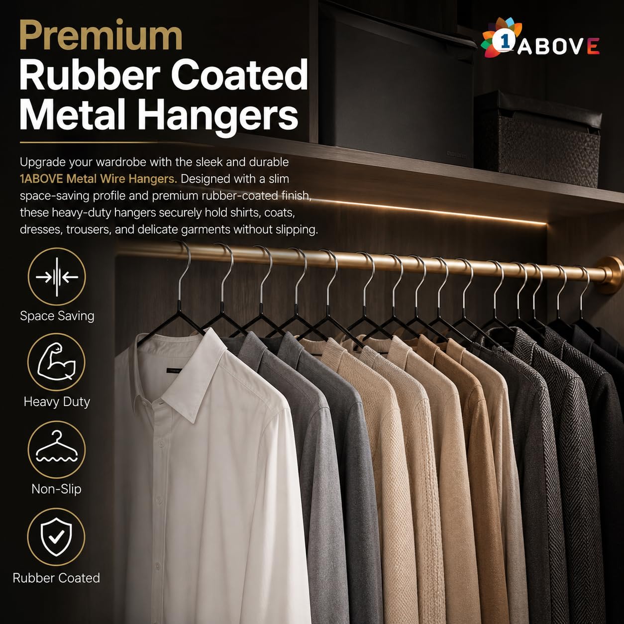1Above 25x Premium Rubber Coated Metal Hangers - Heavy Duty - Space Saving Organiser Clothes Hangers for Wardrobes Coat Rack Rails Thin and Non-Slip